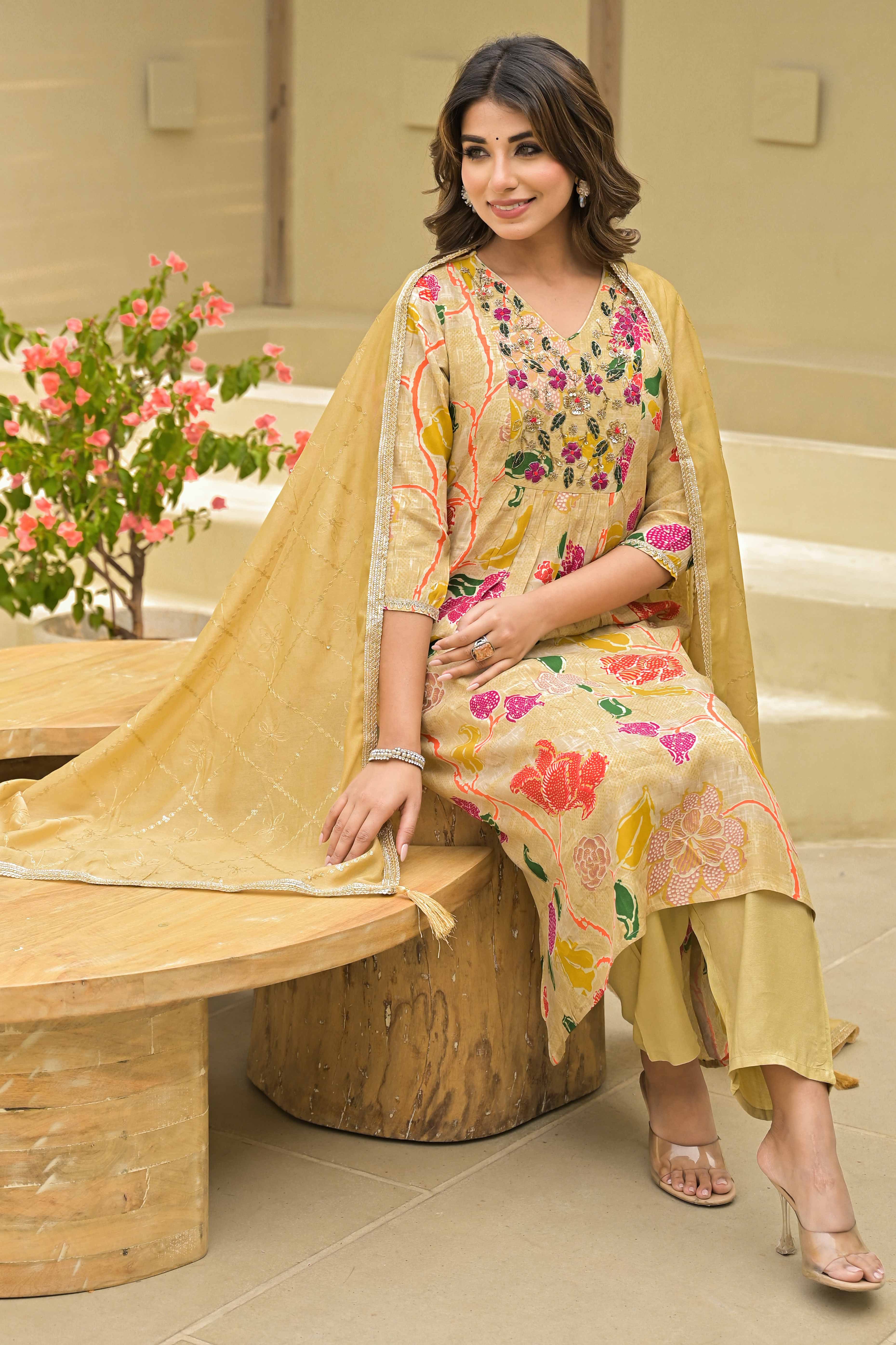 Chikoo Floral Printed Muslin Anarkali Style Salwar Suit With Hand Work