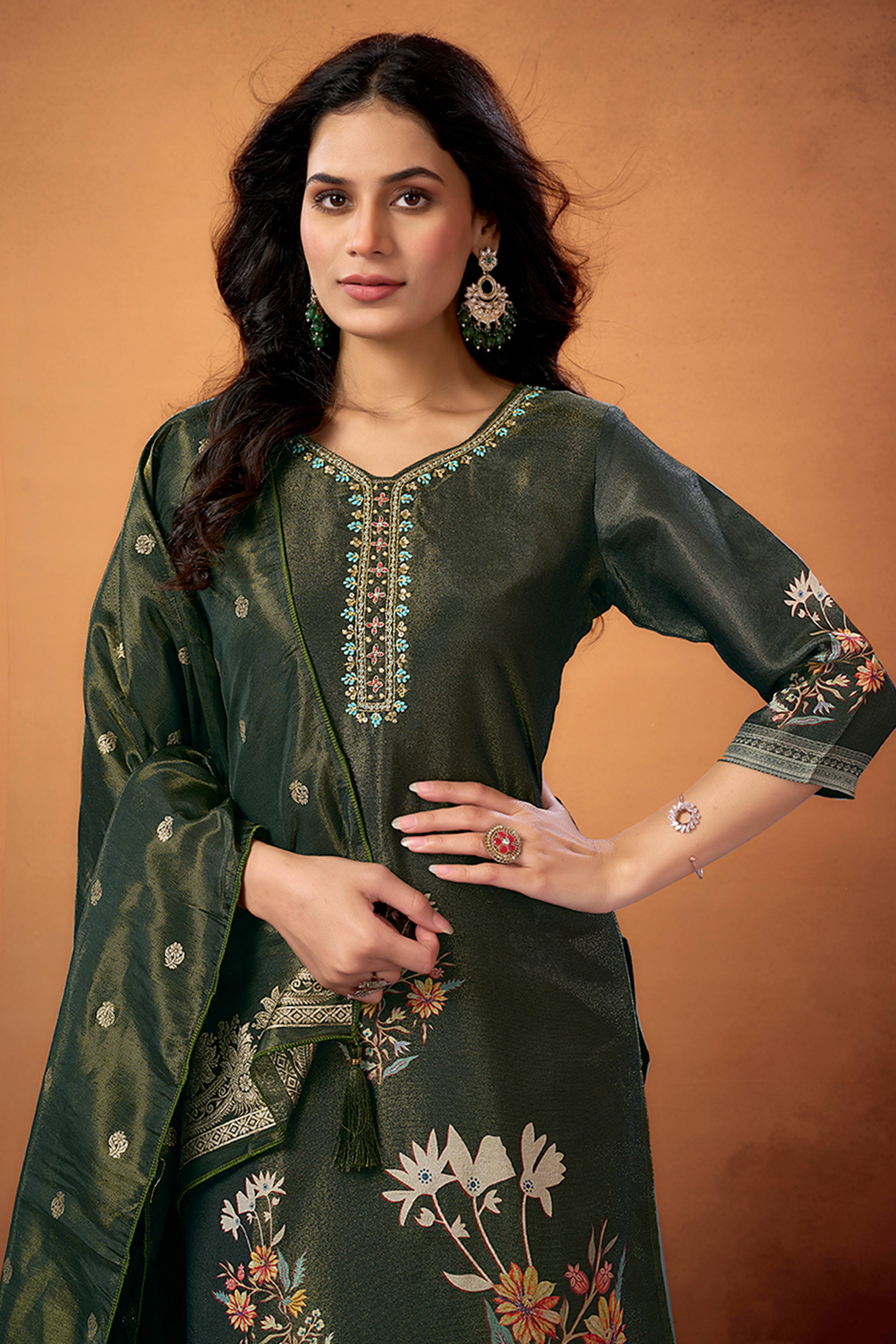 Dark Olive Floral Weaving Shimmer Straight Salwar Suit