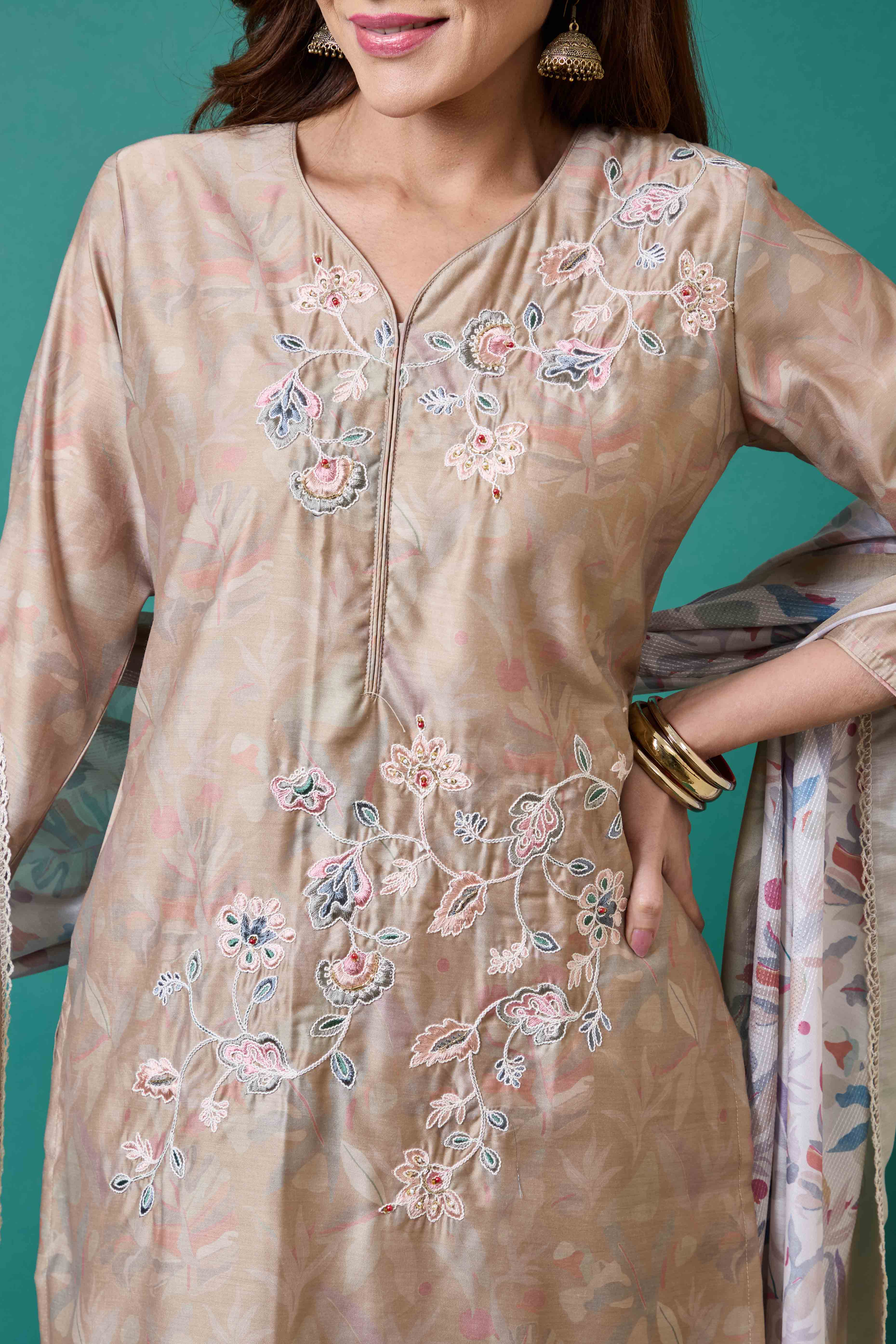 Light Olive Floral Embroidered Chanderi Silk Straight Salwar Suit