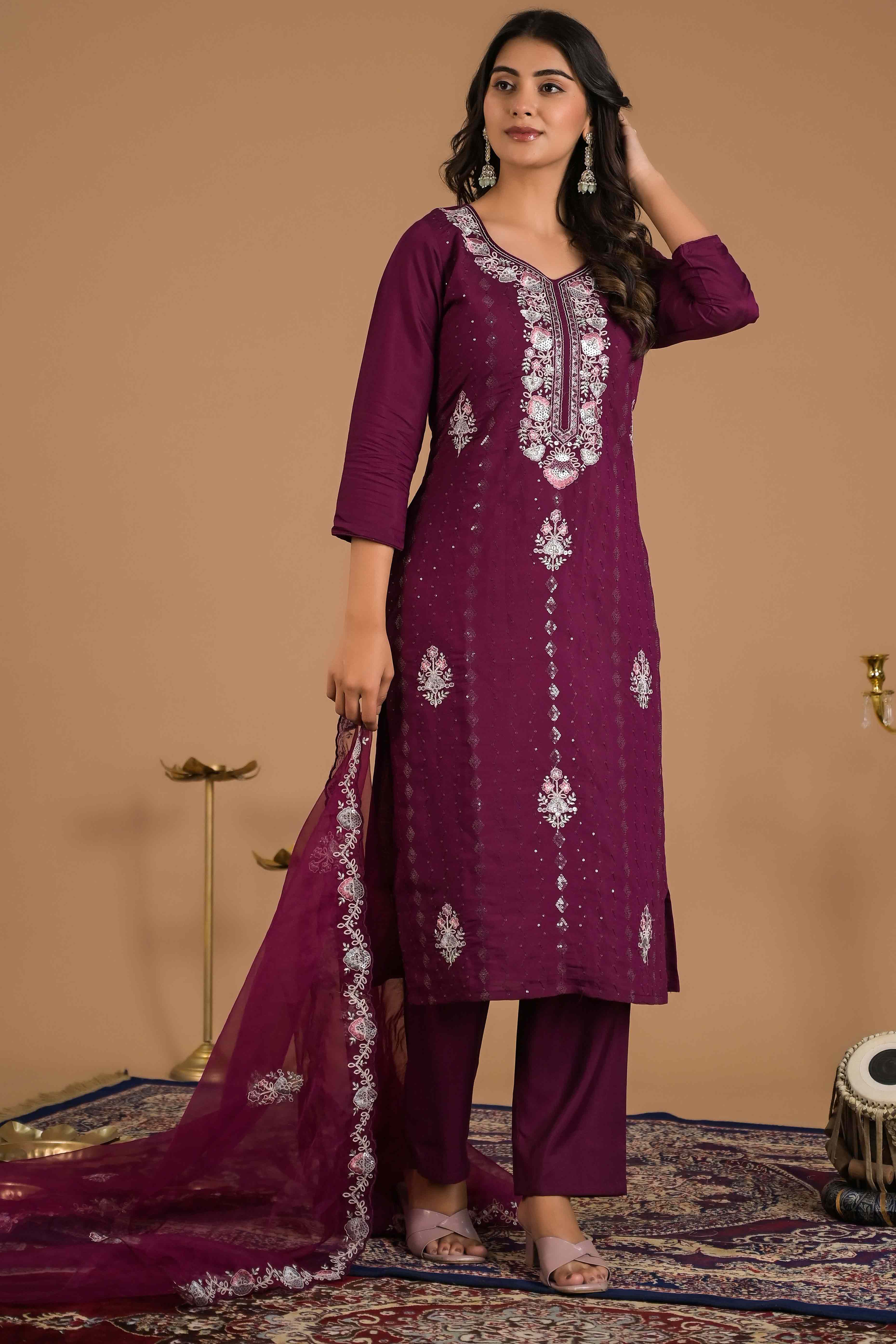 Imperial Purple Floral Embroidered Sequins Work Cotton Silk Straight Salwar Suit