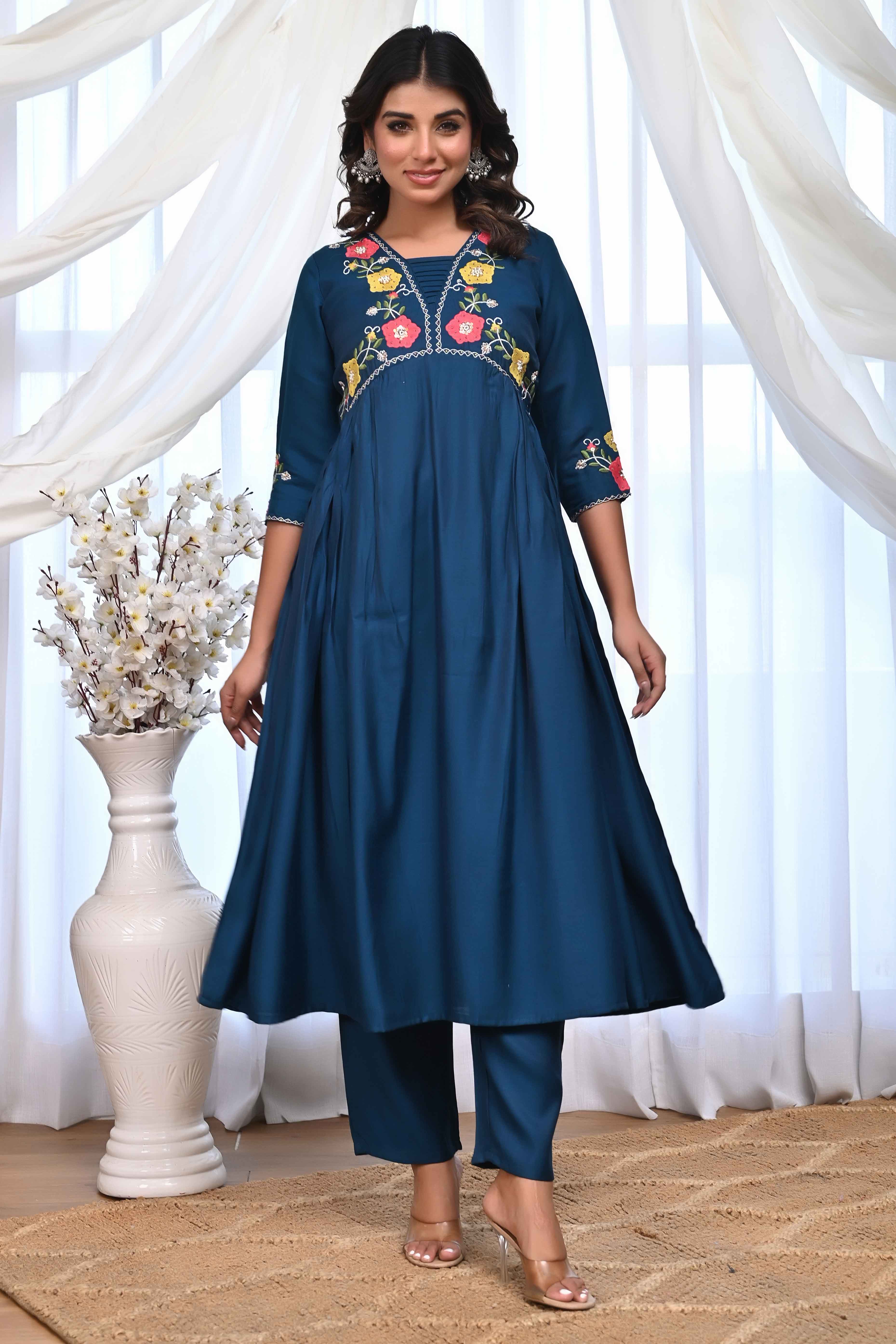 Blue Floral Embroidered A-Line Alia Cut Suit With Elegant Moti Handwork On Cotton Blend