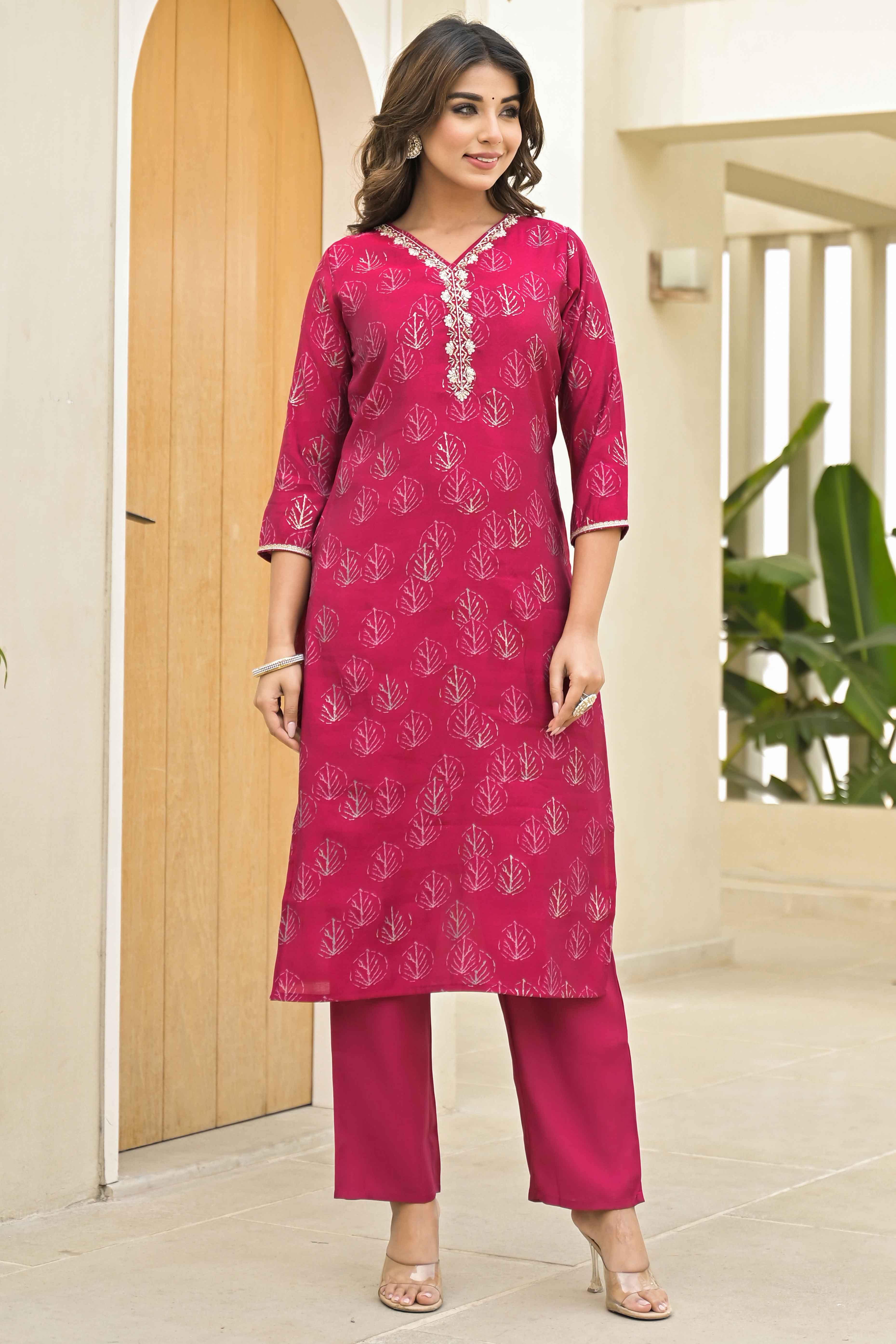 Pink Foil Printed Chanderi Straight Salwar Suit