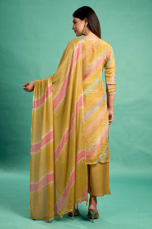 Mustard Pure Shimmer Straight Suit with Stone Embroidery