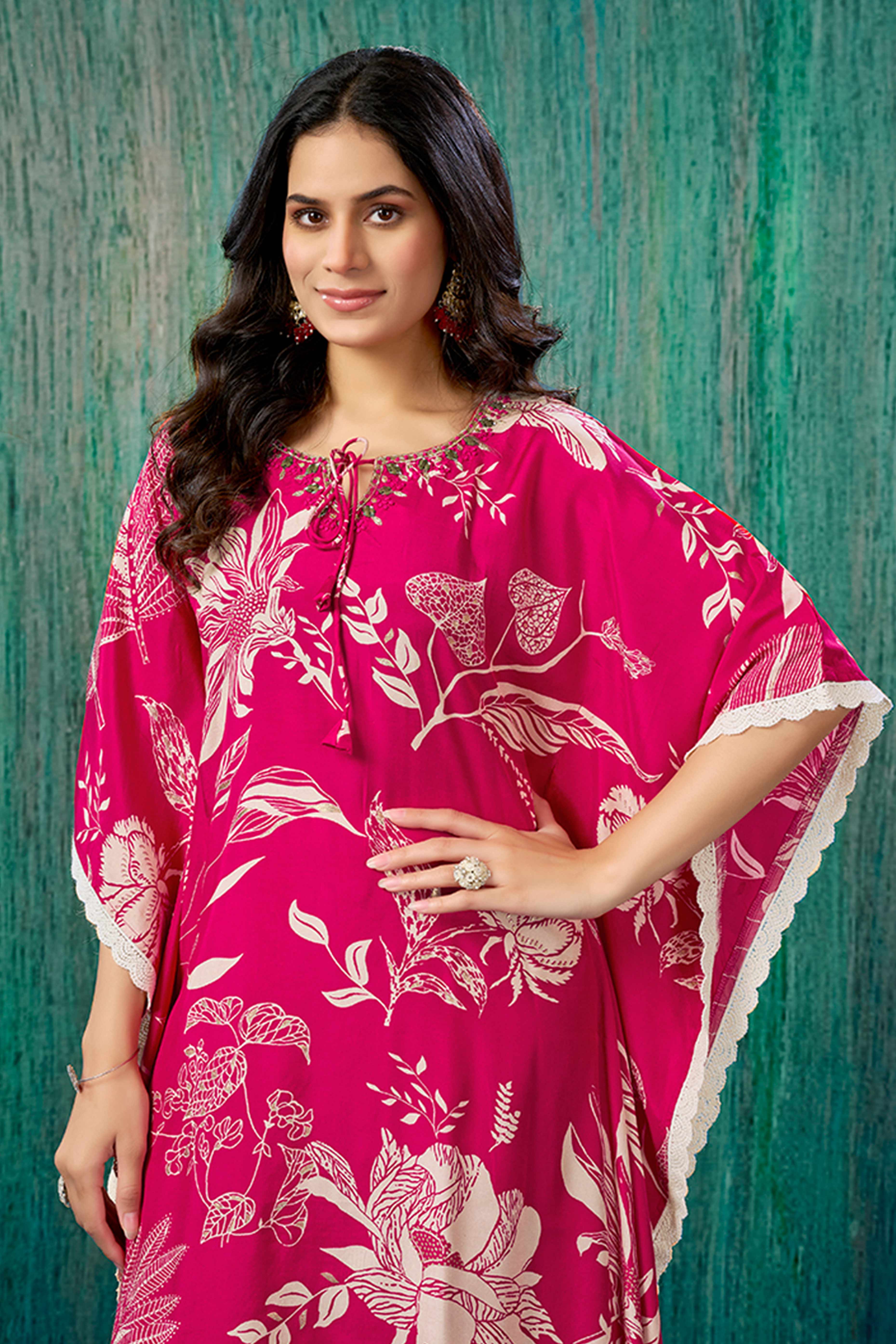 Pink Floral Printed Muslin Kaftan Top Bottom Set