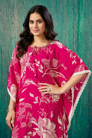 Pink Floral Printed Muslin Kaftan Top Bottom Set