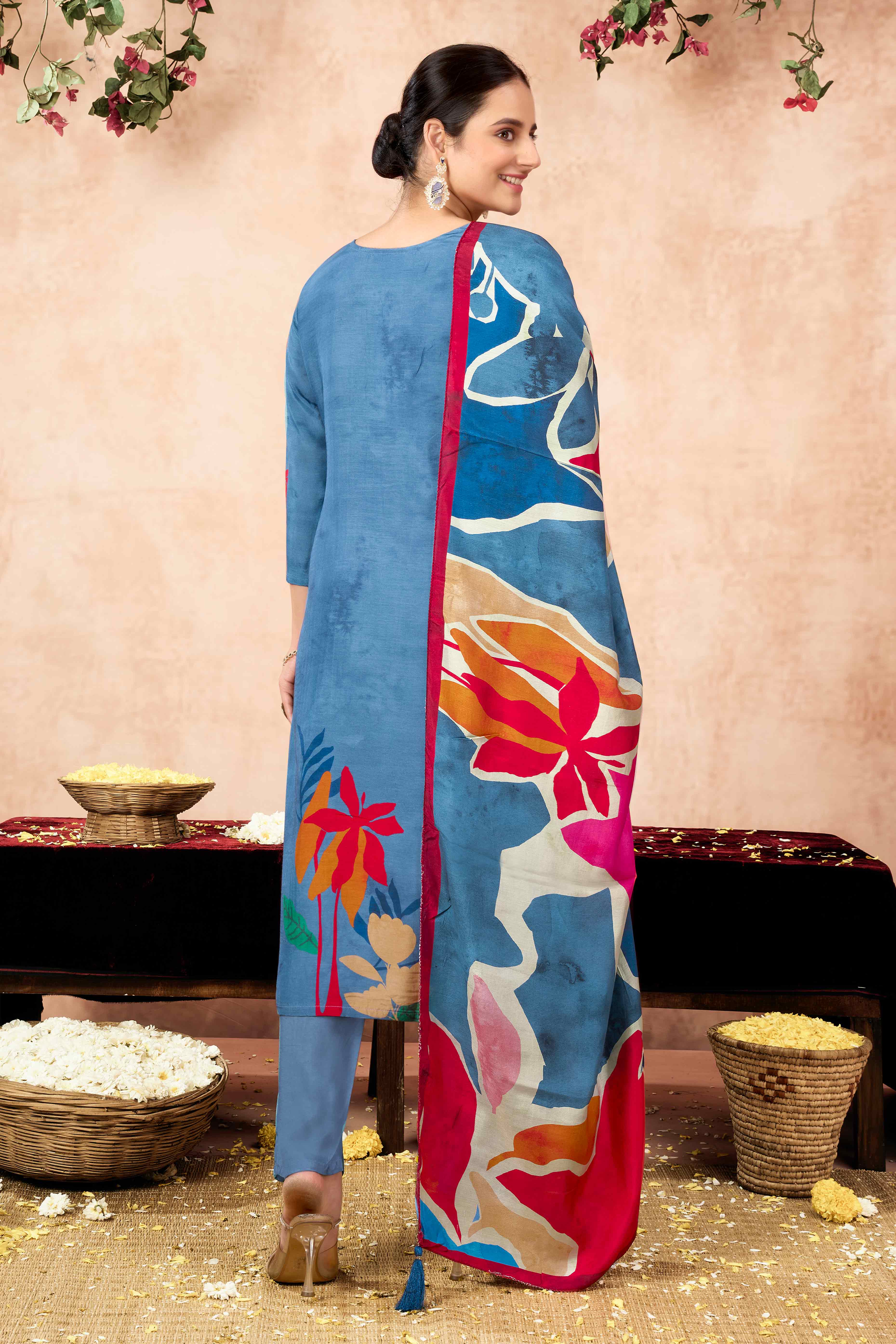 Blue Floral Hand Embroidery With Printed Muslin Straight Salwar Suit