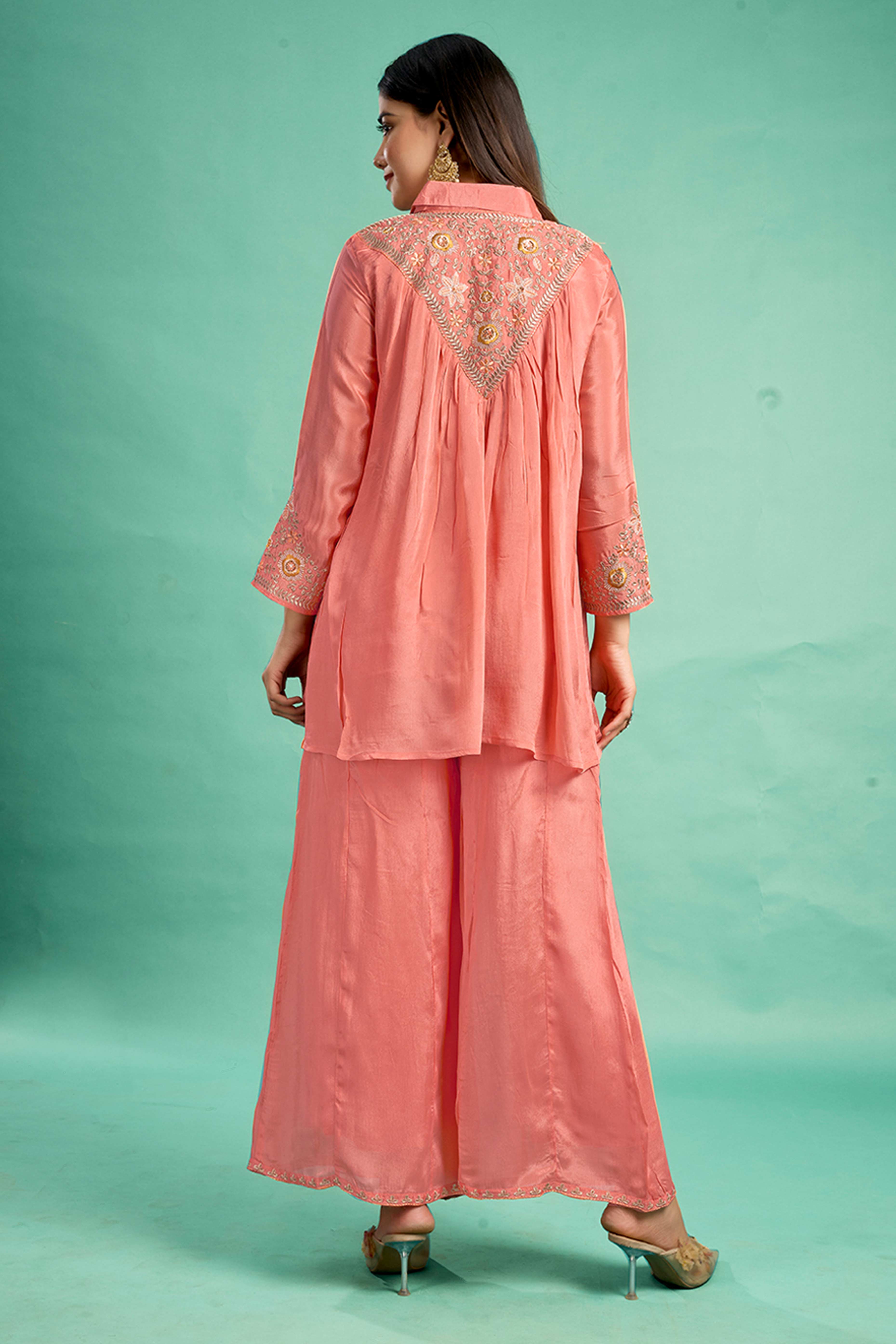 Peach Embroidered Chinon A-Line Co-Ord Set