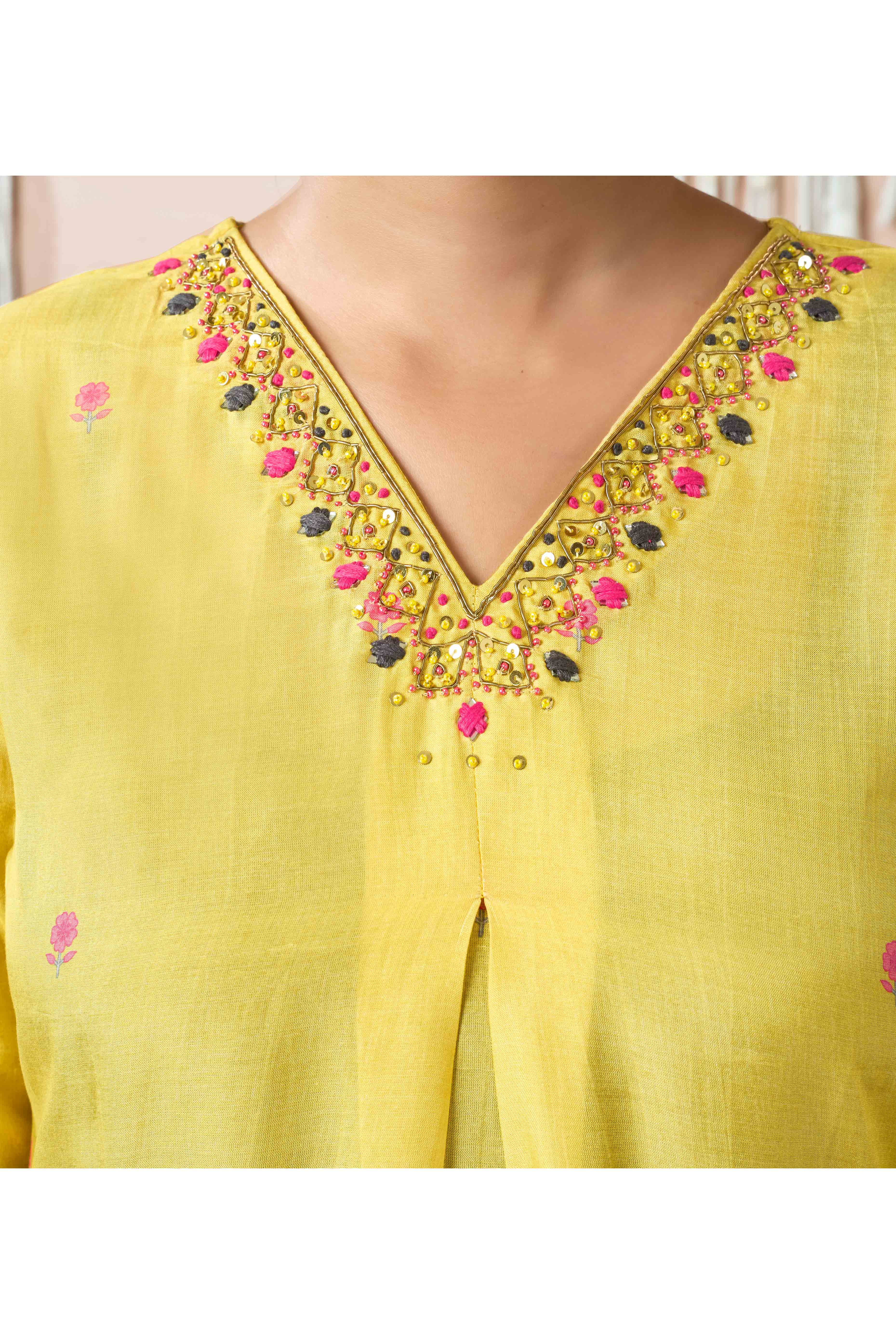 Yellow Floral Digital Print With Handwork Muslin Co-Ord Set