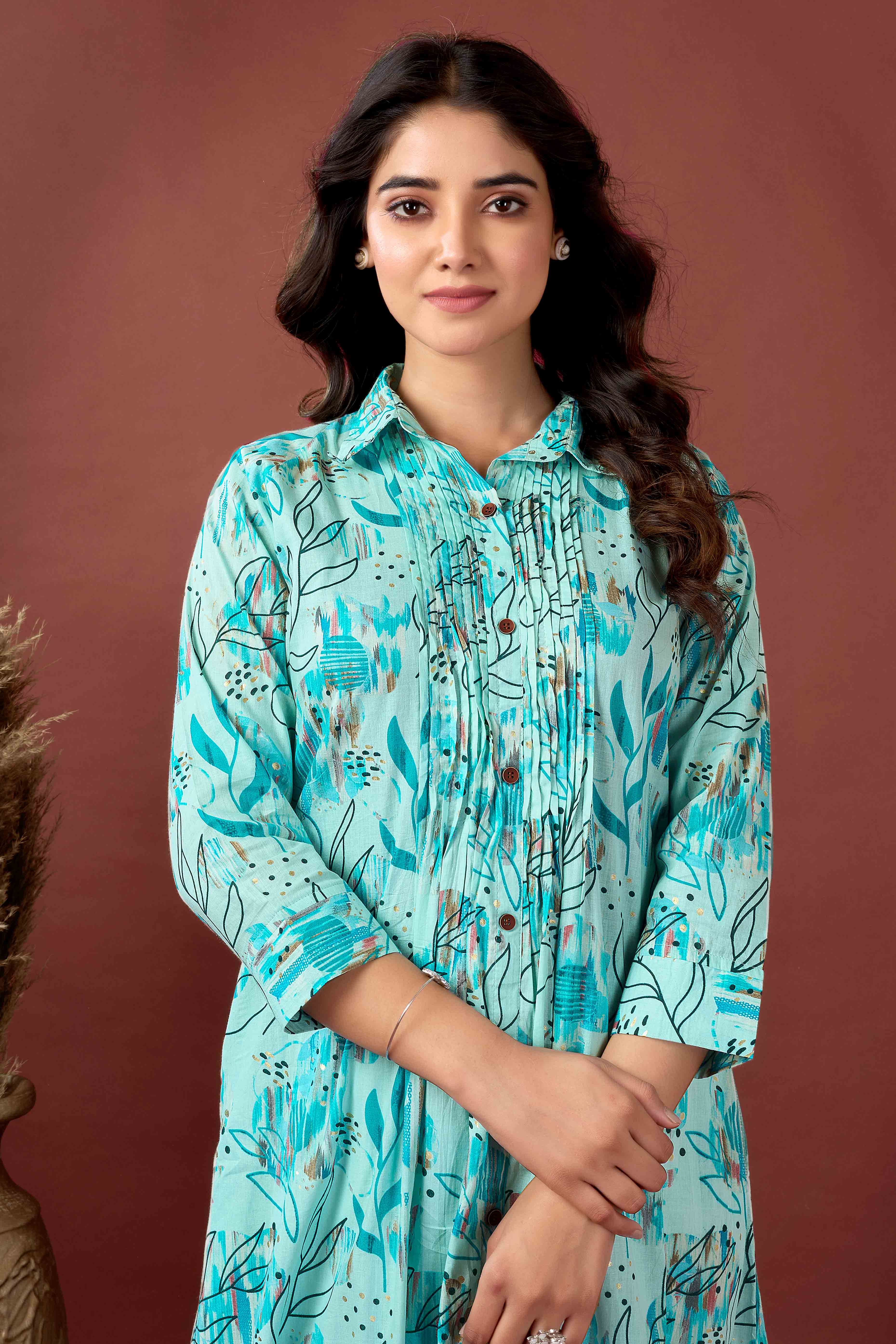 Light Blue Floral Printed Pure Cotton A-Line Kurti