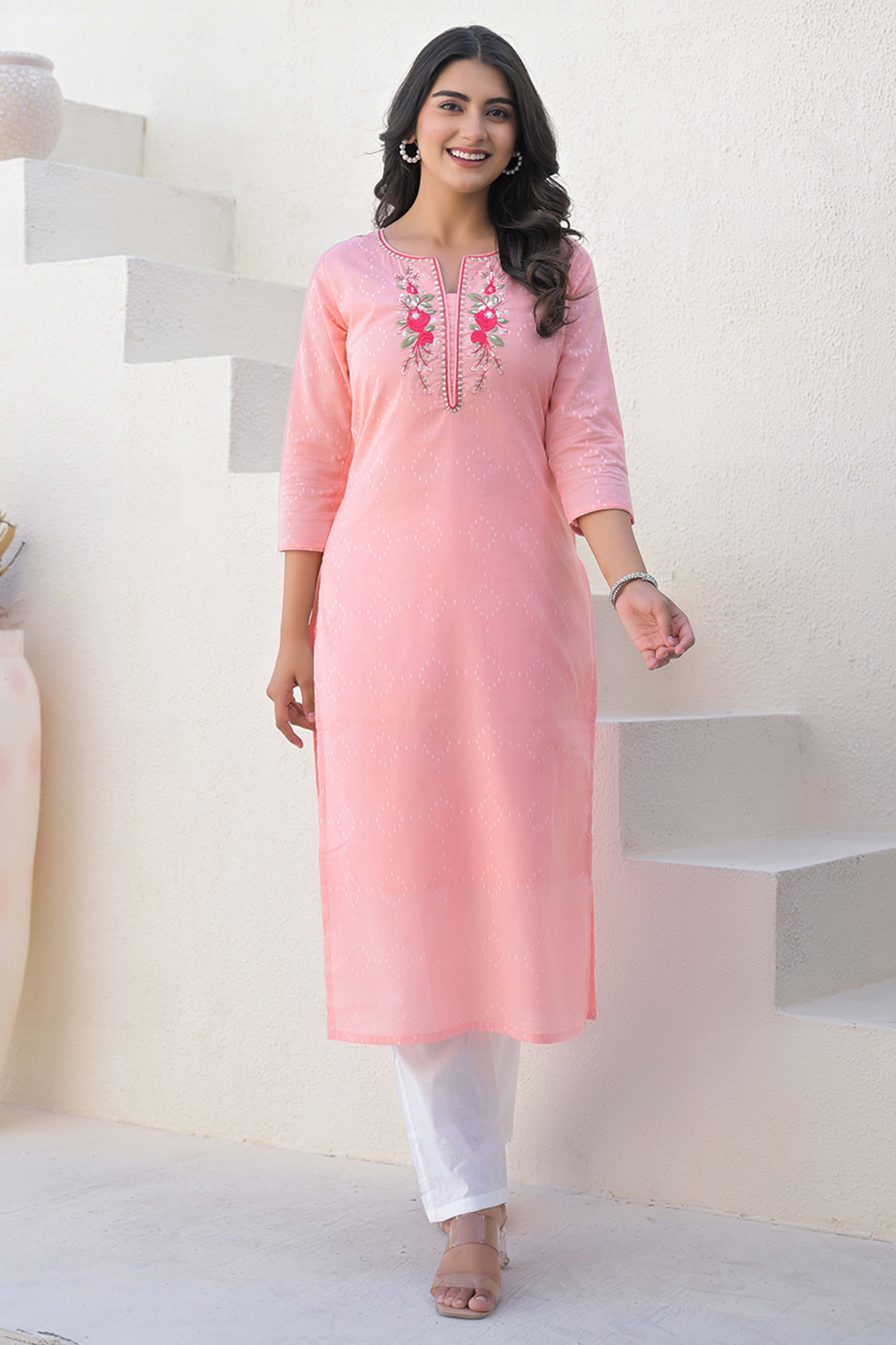 Peach Cotton Straight Kurti with Delicate Neck Embroidery