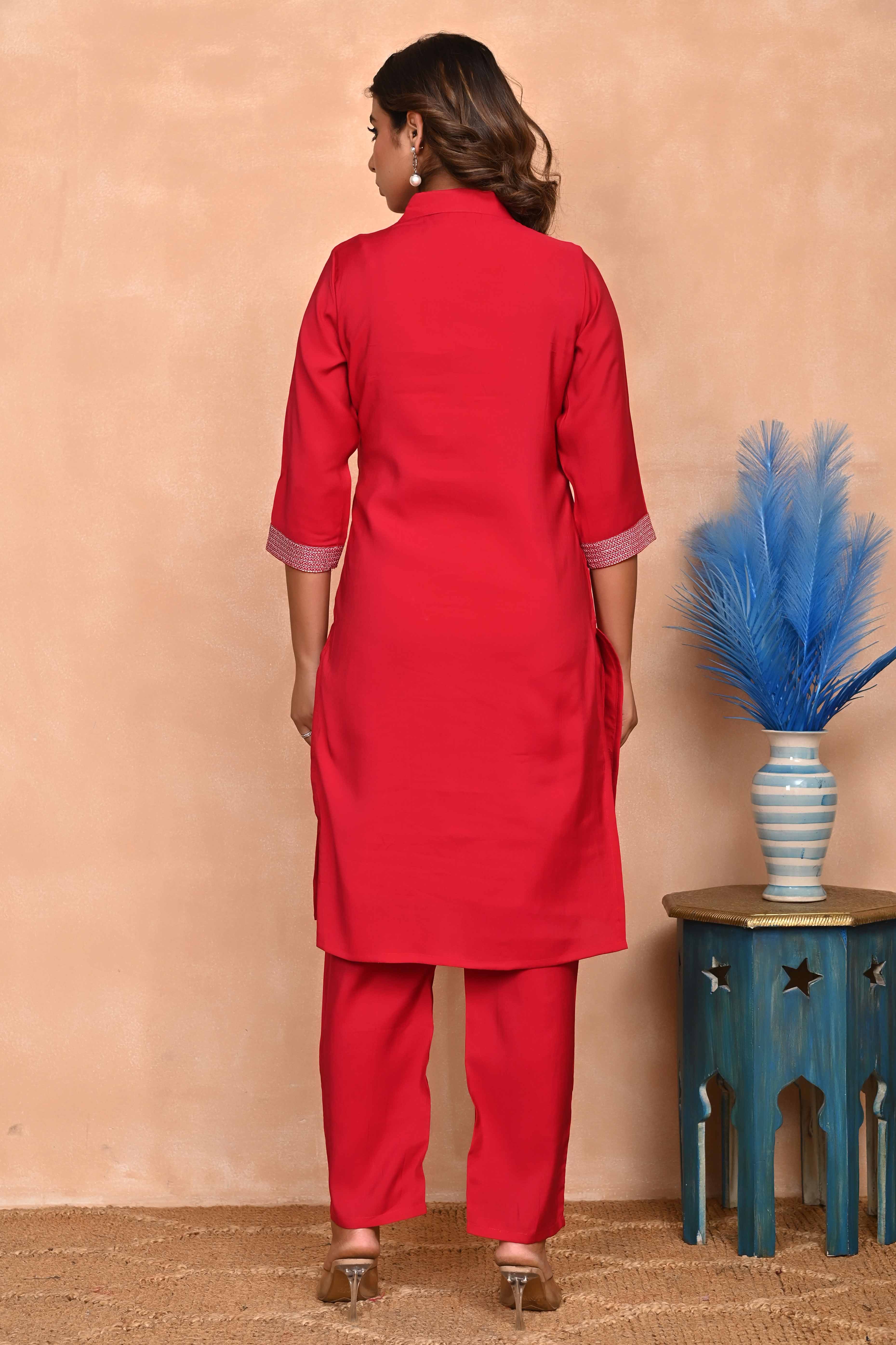 Stylish Red Co-Ord Set in Chanderi Silk with Intricate Floral Embroidery