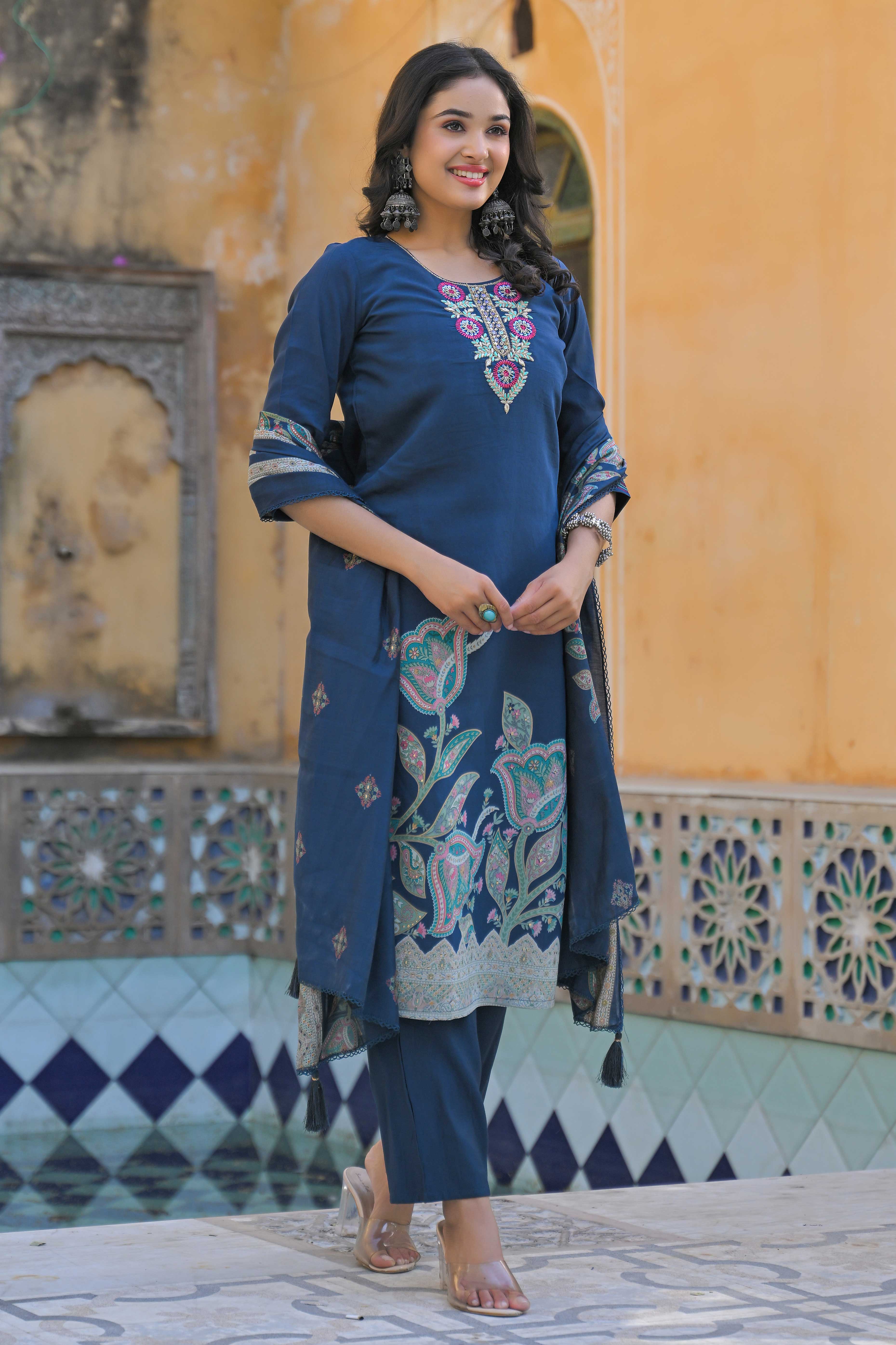 Traditional Morpich Blue Hand Embroidered Chanderi Silk Suit