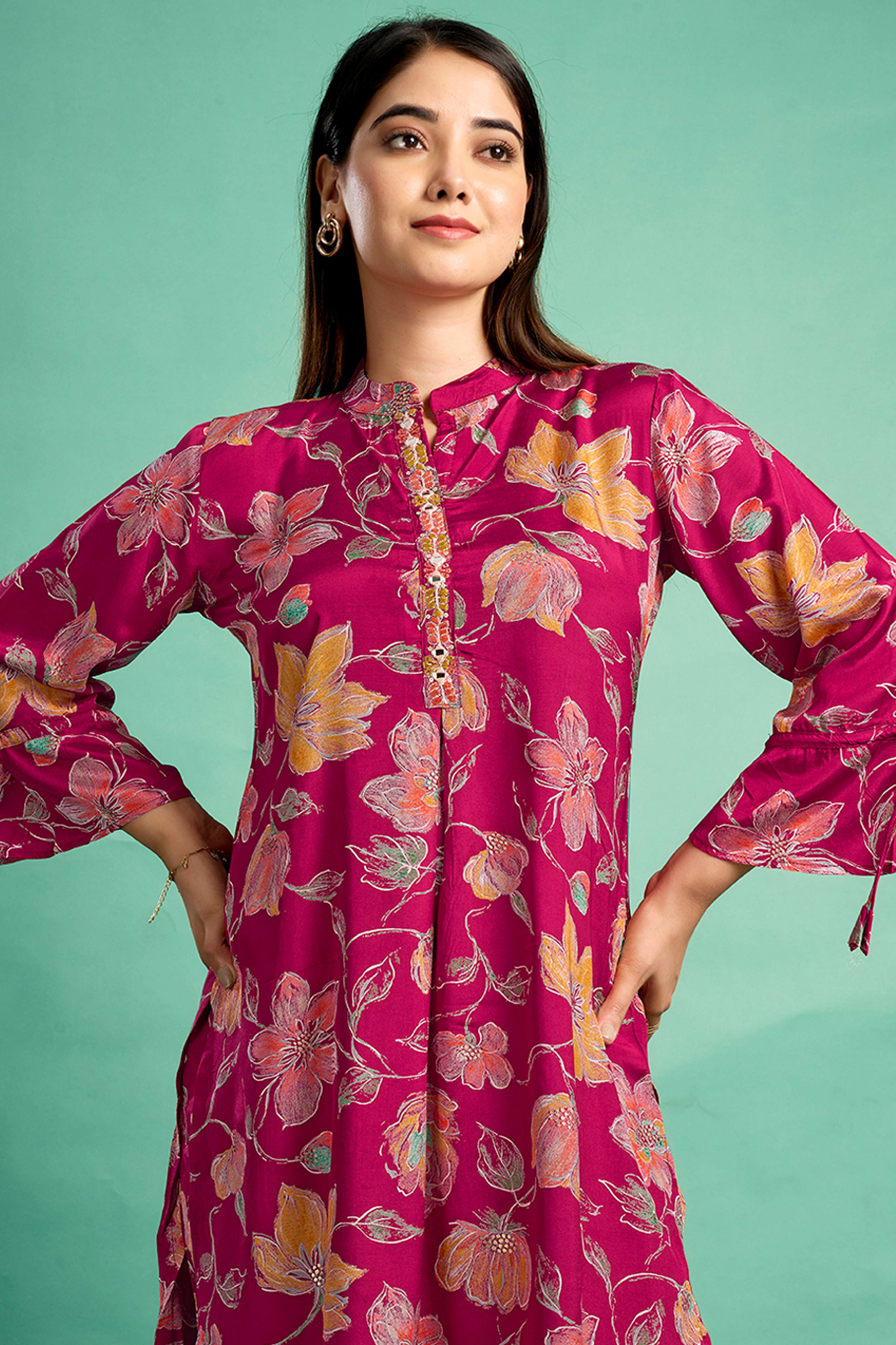 Red Floral Printed Muslin Straight Co-Ord Set