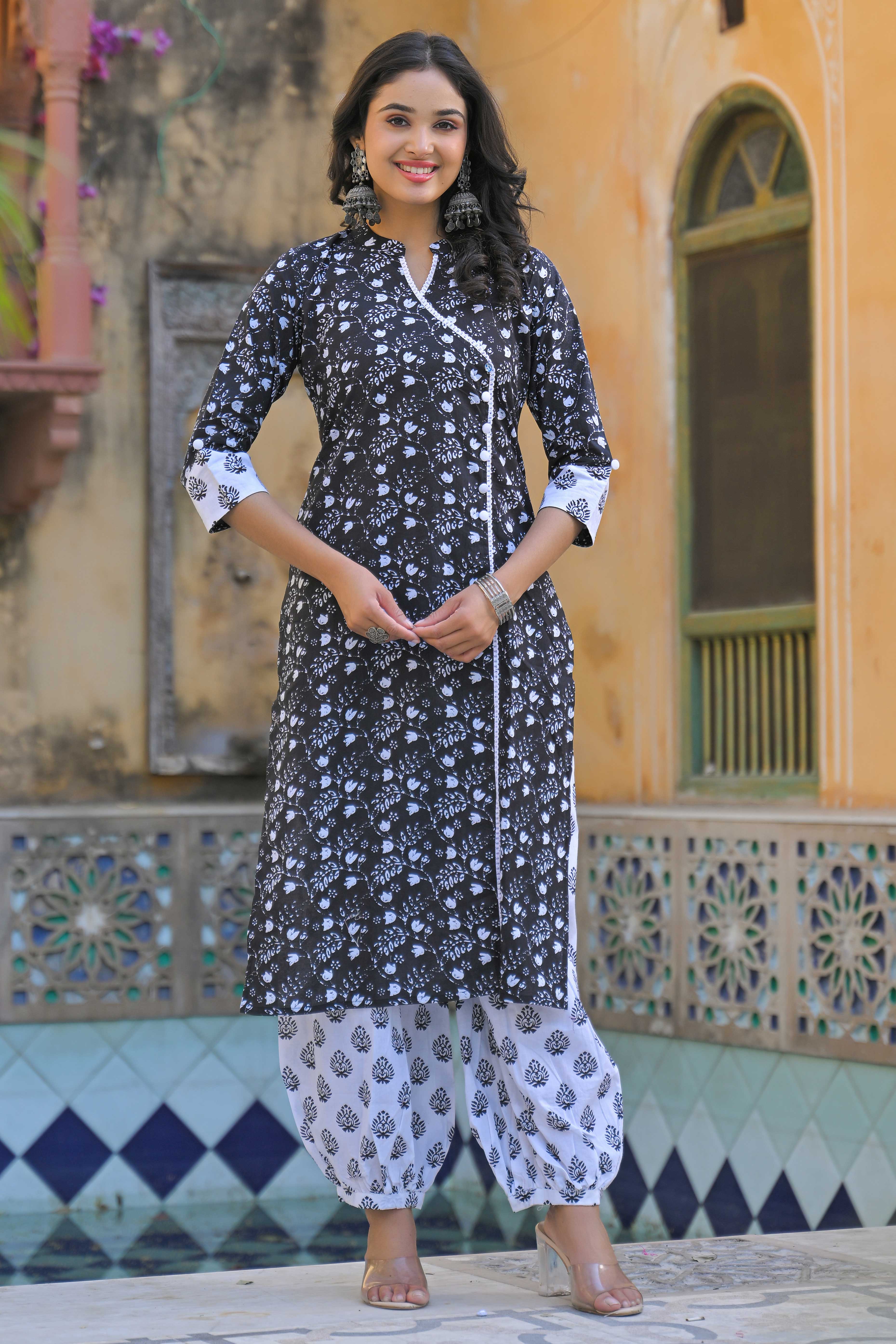 Black Floral Printed Pure Cotton Angrakha Salwar Suit