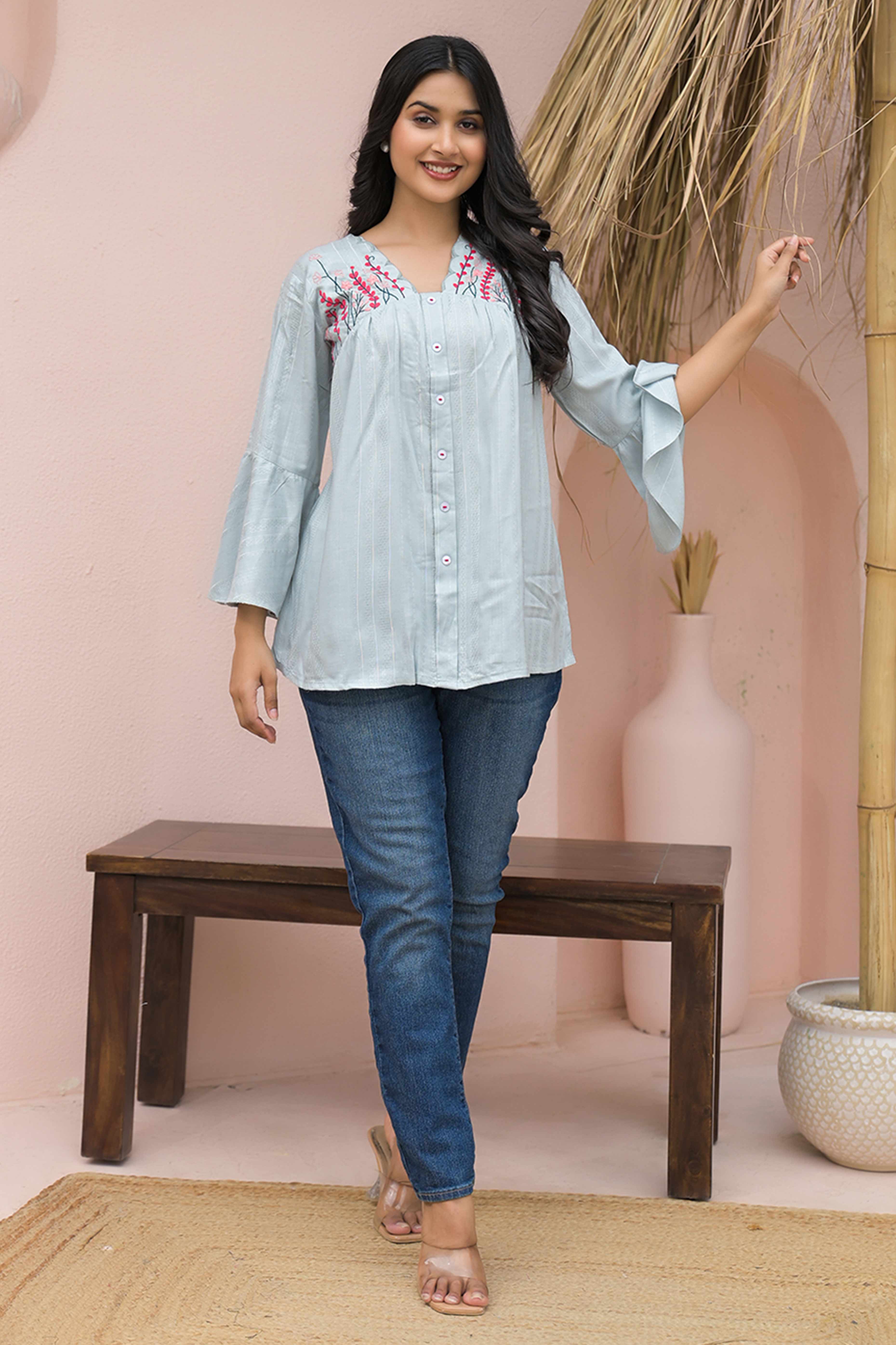 Elegant Light Sky Blue A-Line Cotton Top with Delicate Floral Work