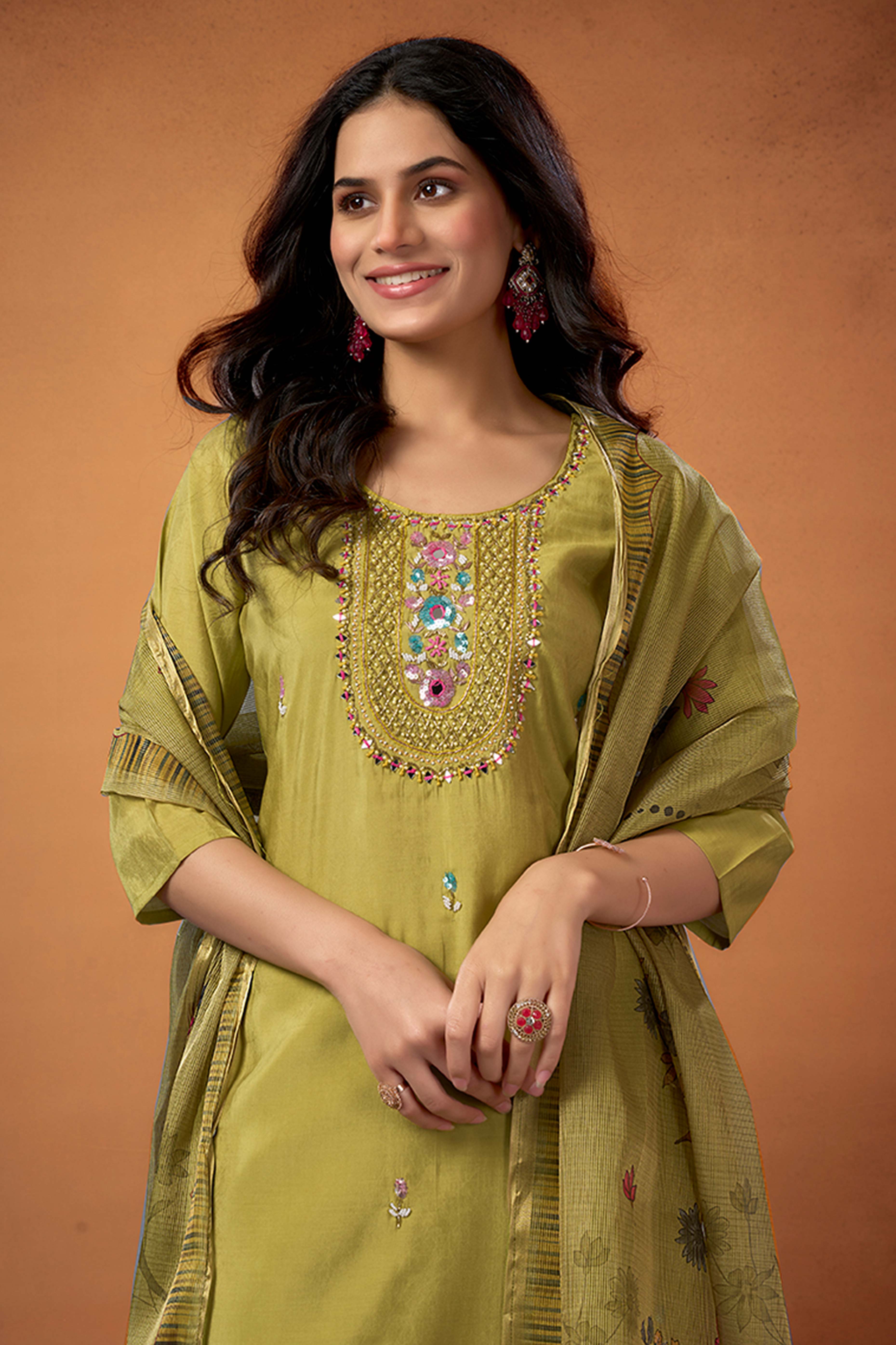 Lime Green Beads Work Embroidered Shimmer Straight Salwar Suit