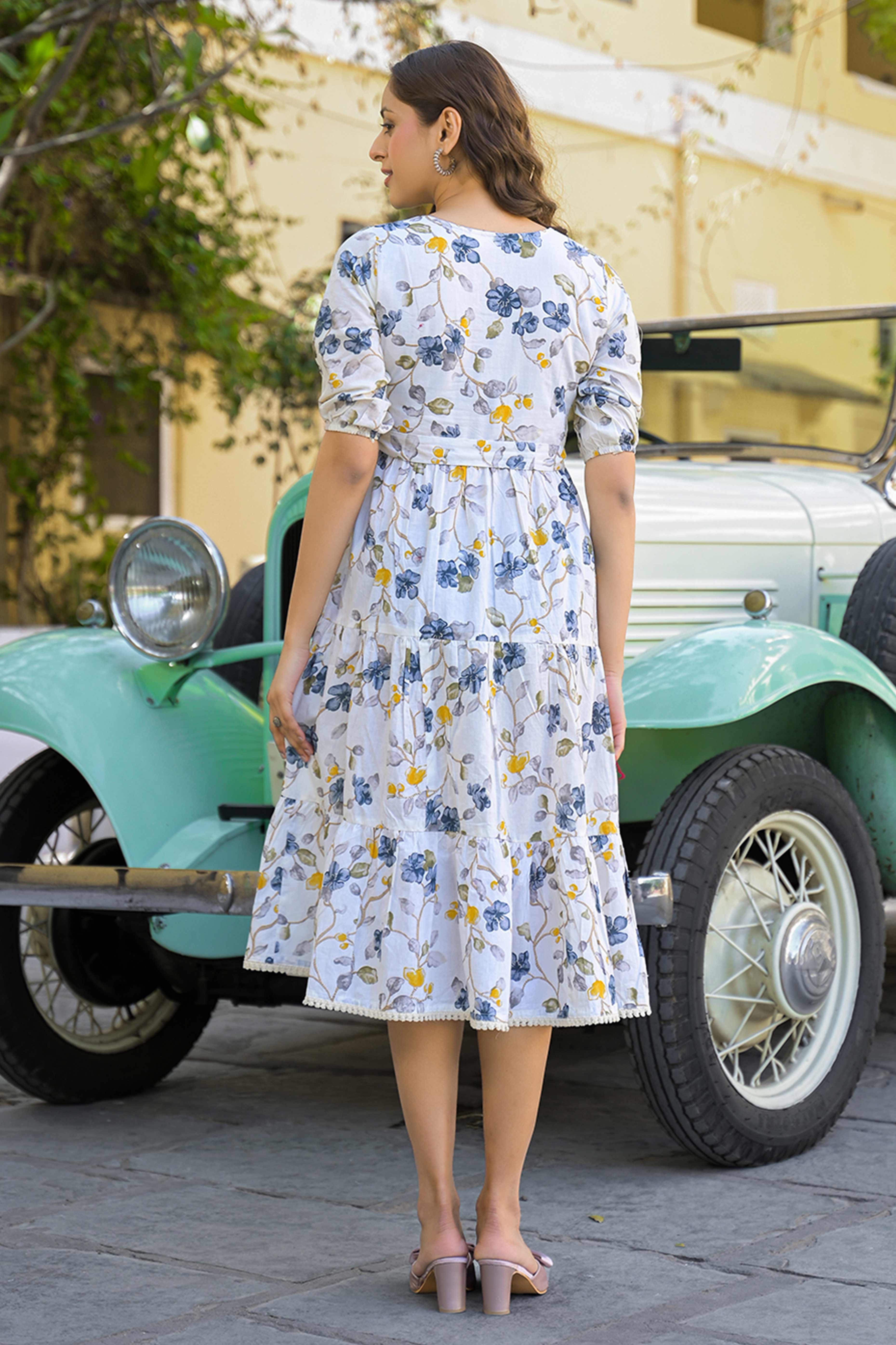 Grey Floral Printed Pure Cotton Maxi Dress