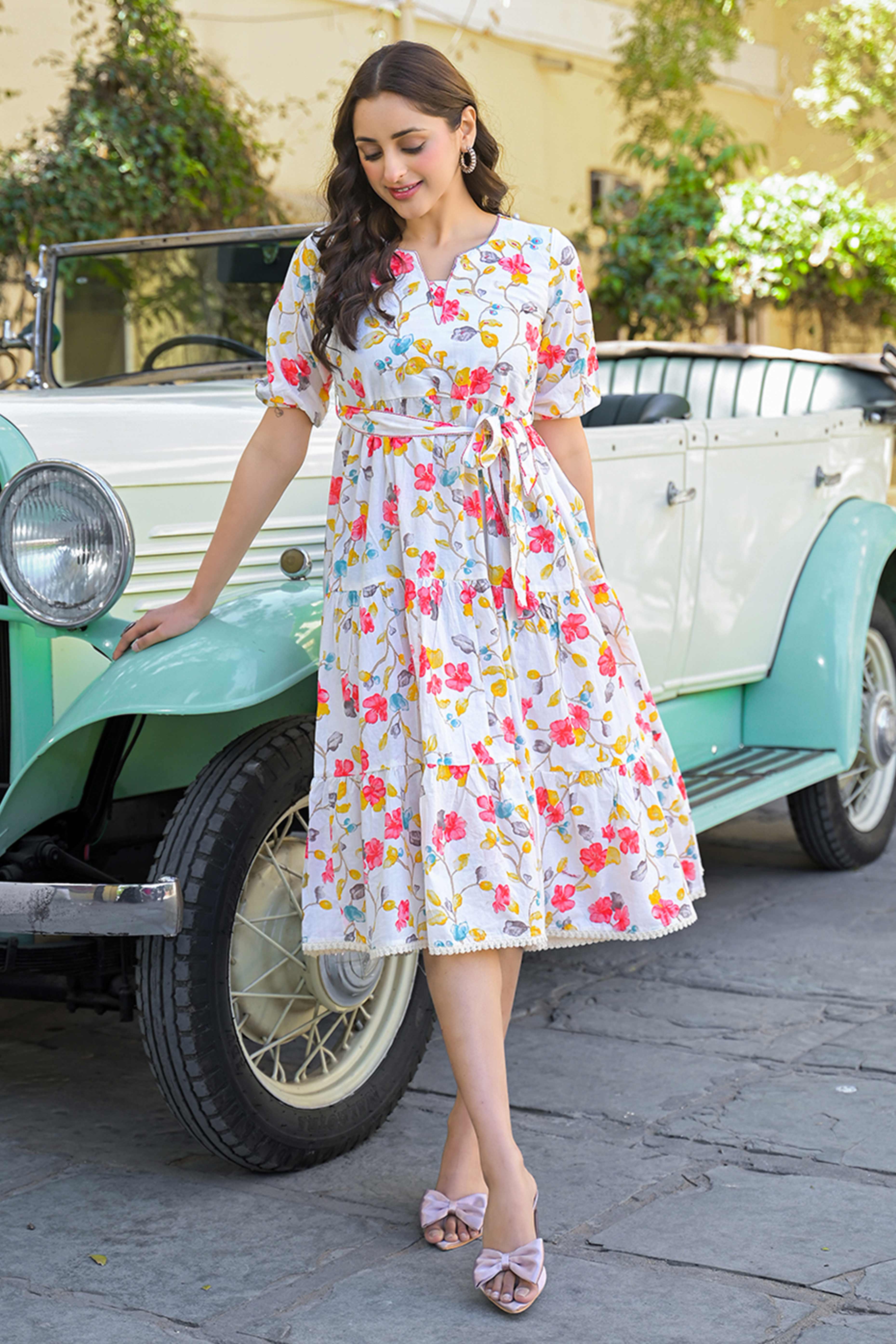 Pink Floral Printed Pure Cotton Maxi Dress