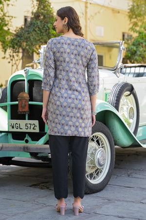 Grey Floral Printed Rayon Straight Top