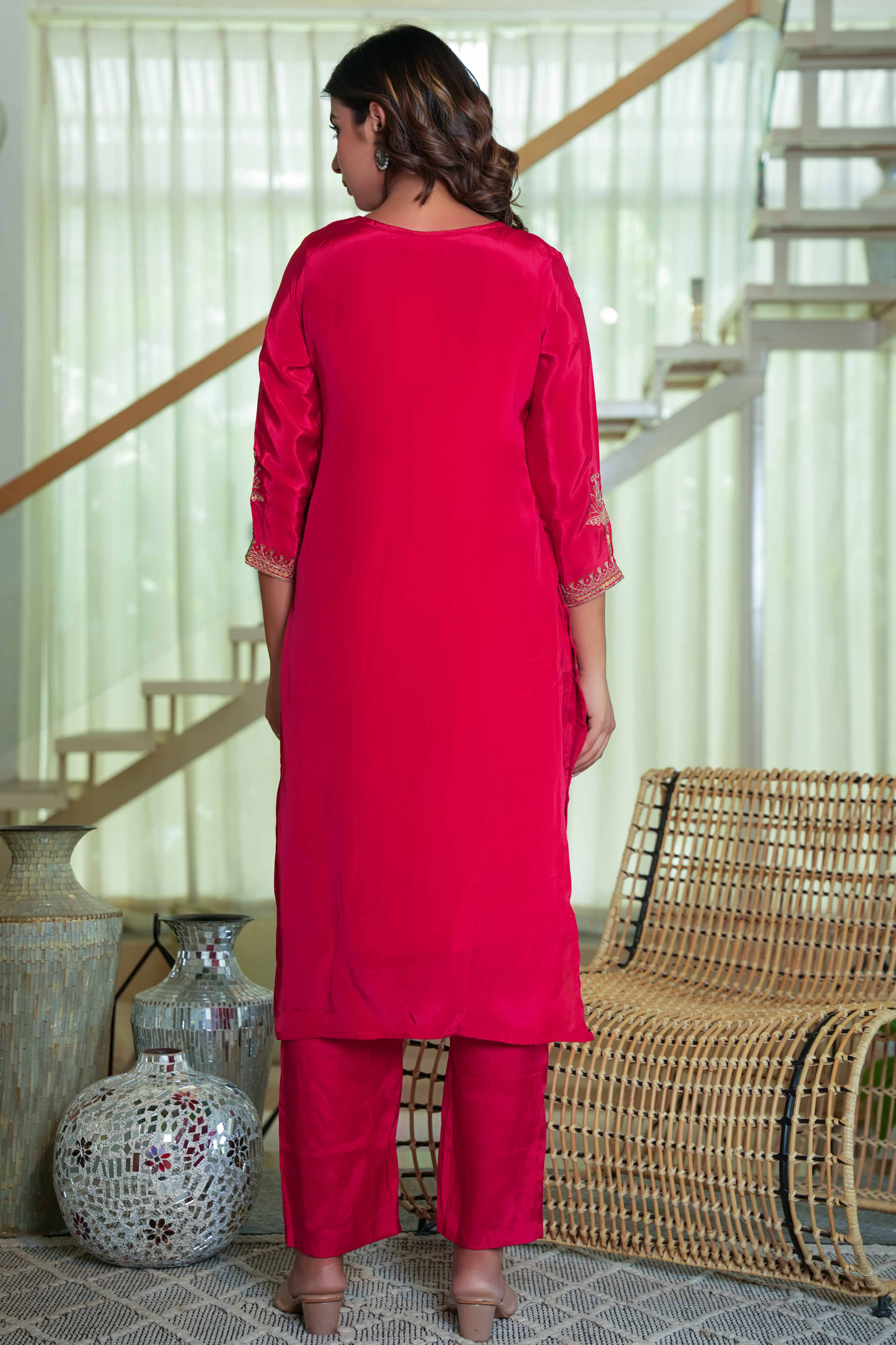 Glamorous Red Crepe Straight Suit with Intricate Sequin Embroidery