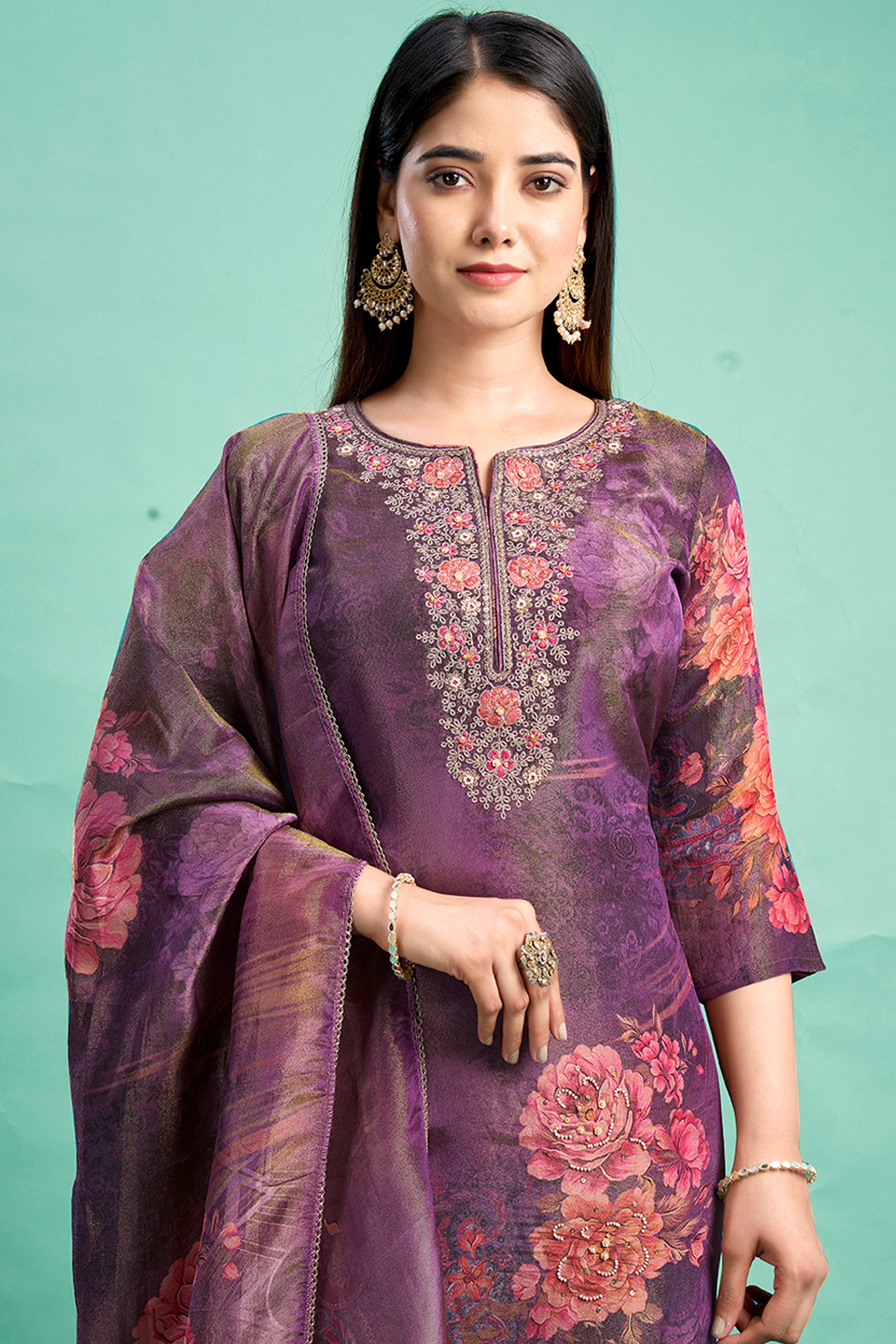 Purple Bandhani Printed With Embroidery Work Pure Viscose Salwar Suit
