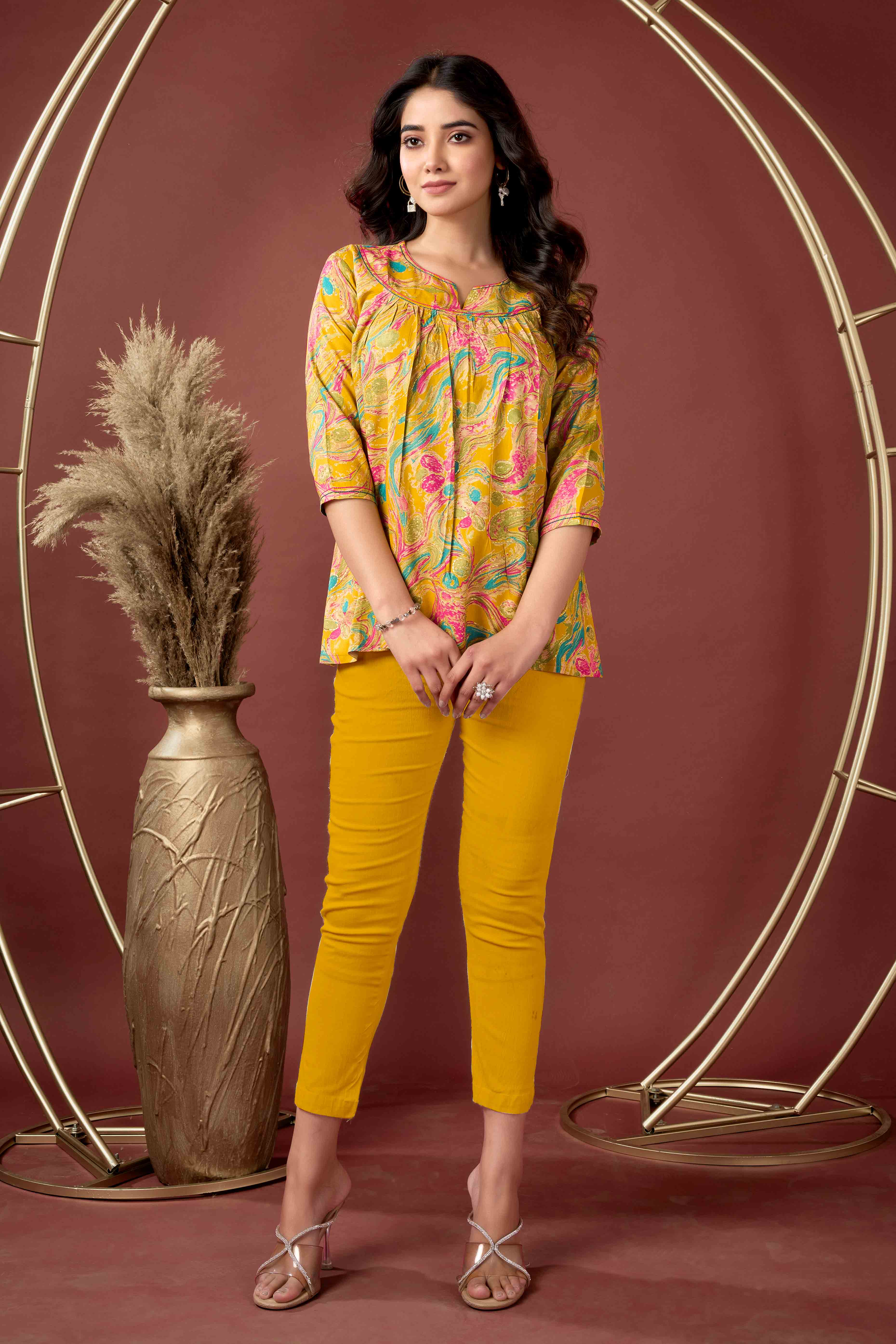 Mustard Abstract Printed Rayon Tunic Top