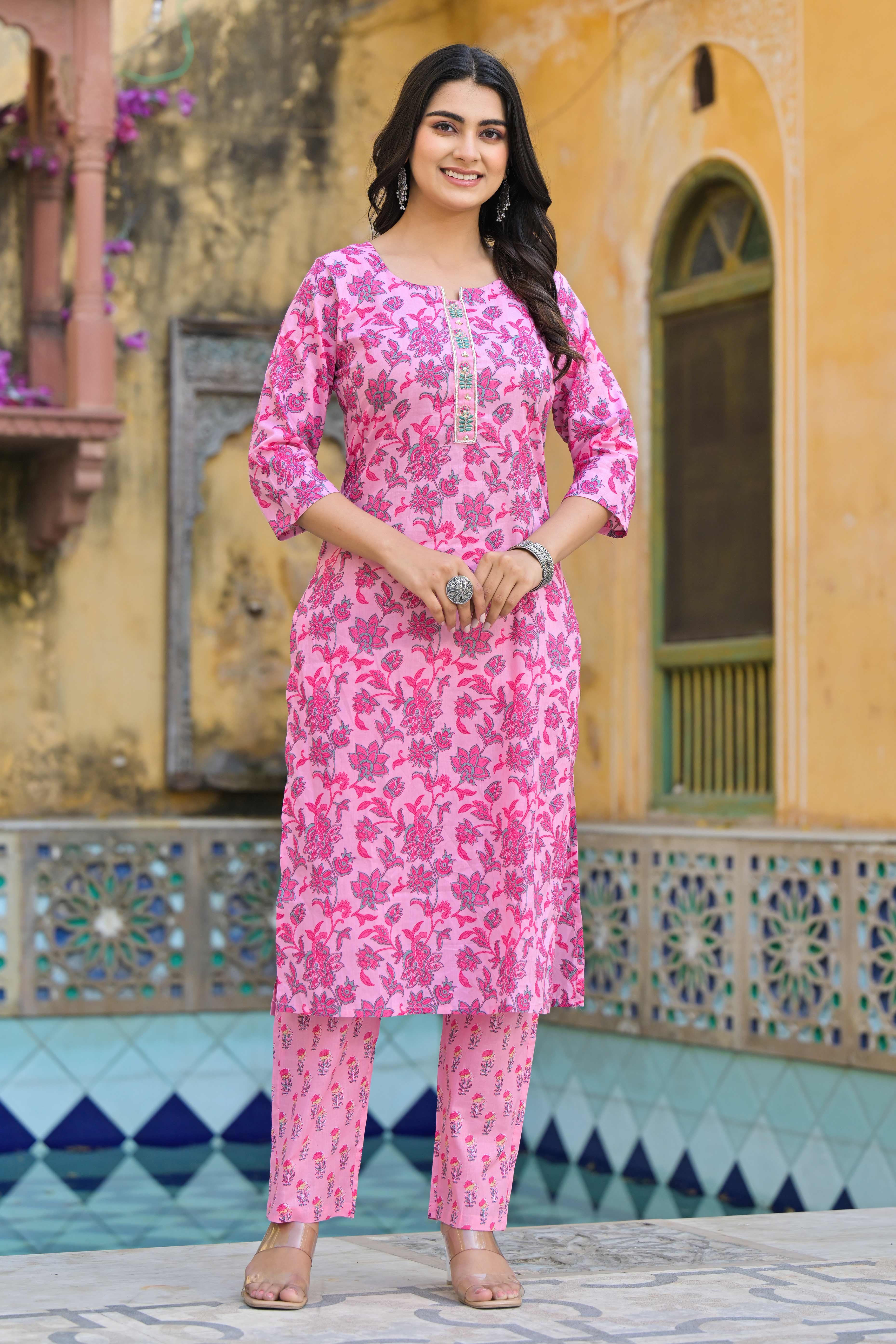 Blush Pink Floral Printed Pure Cotton Straight Salwar Suit