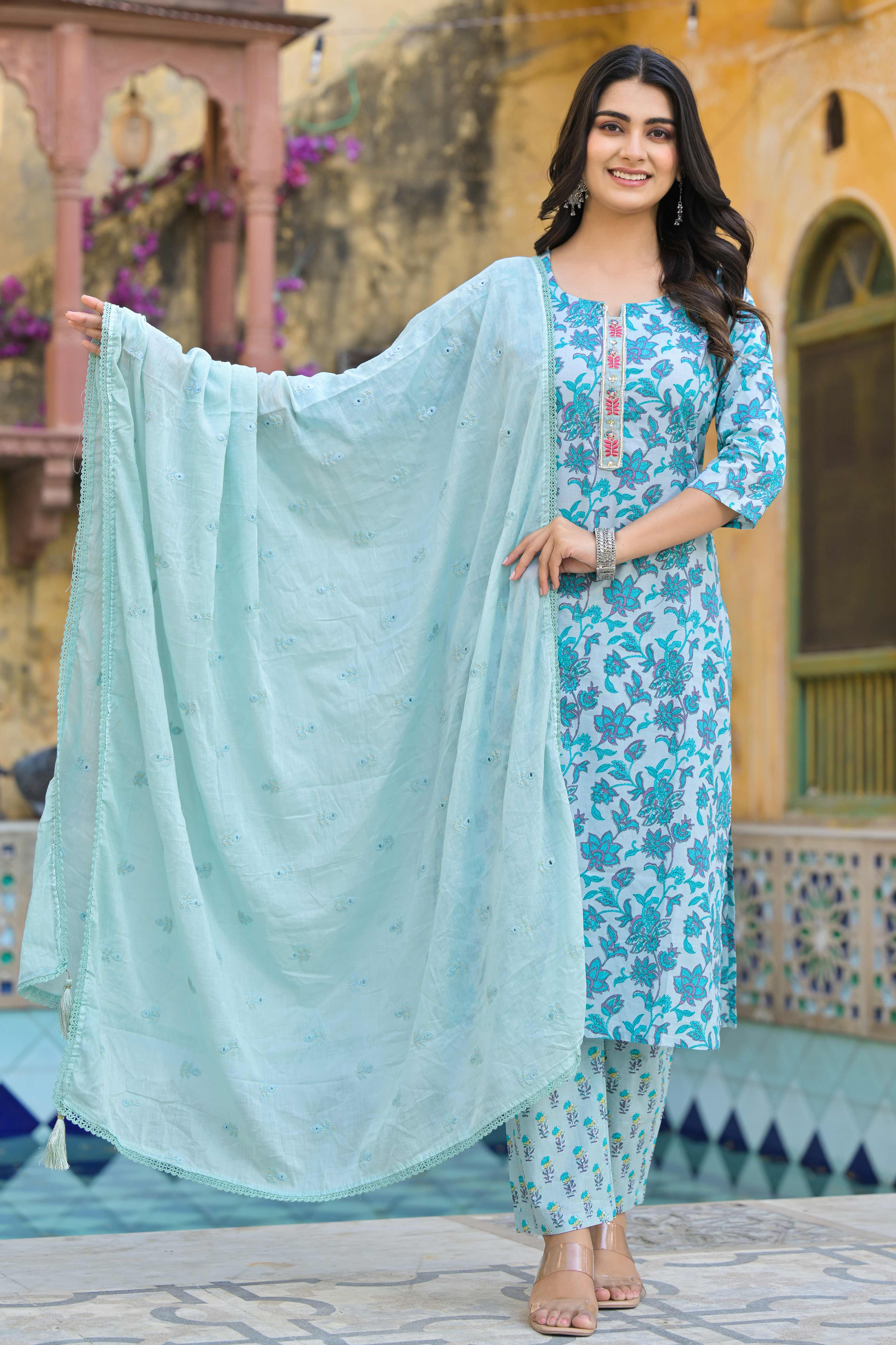 Turquoise Floral Printed Pure Cotton Straight Salwar Suit