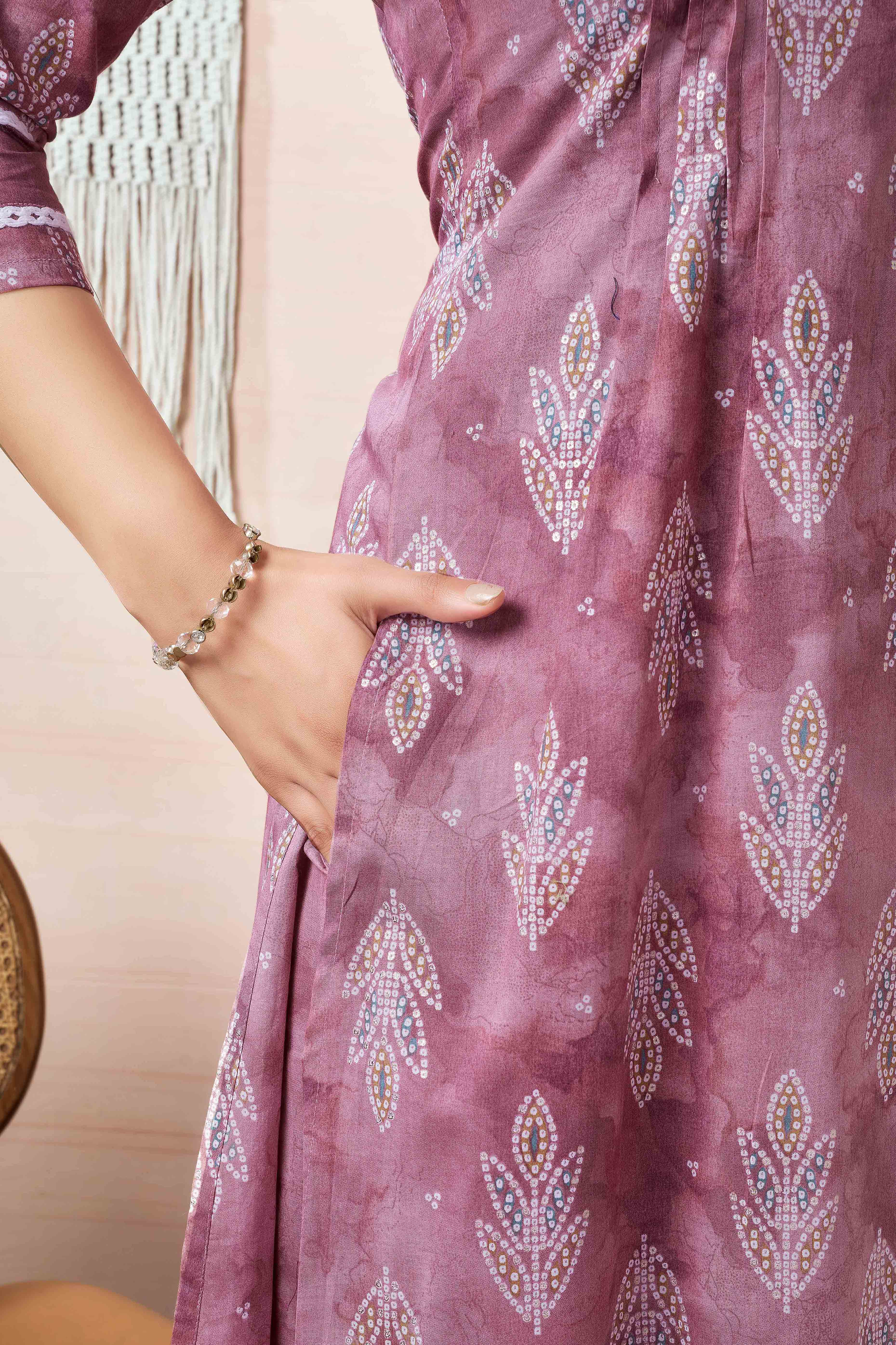 Mauve Floral Foil Printed Cambric Cotton Kurti Palazzo Set