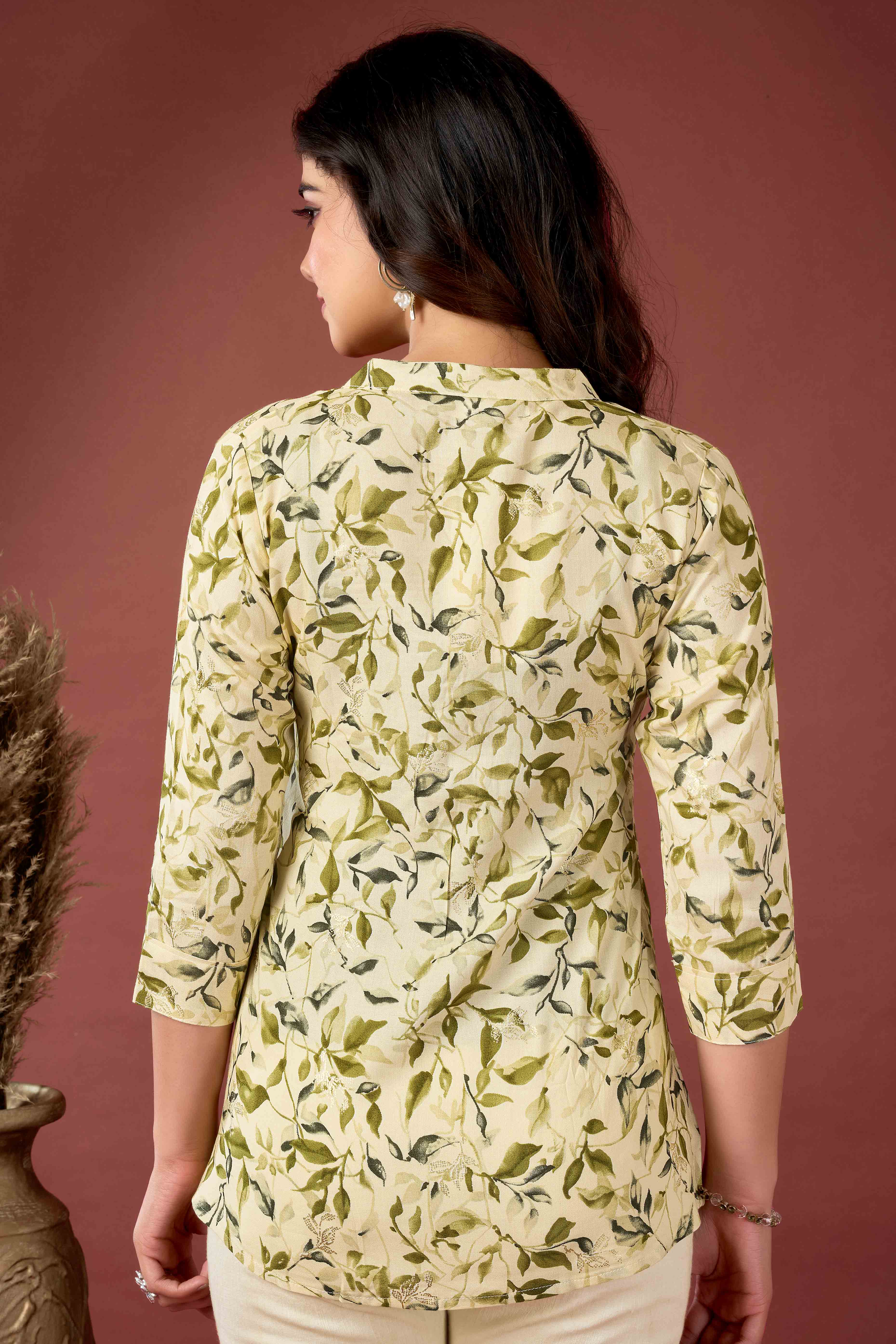 Cream & Olive Floral Printed Rayon Top