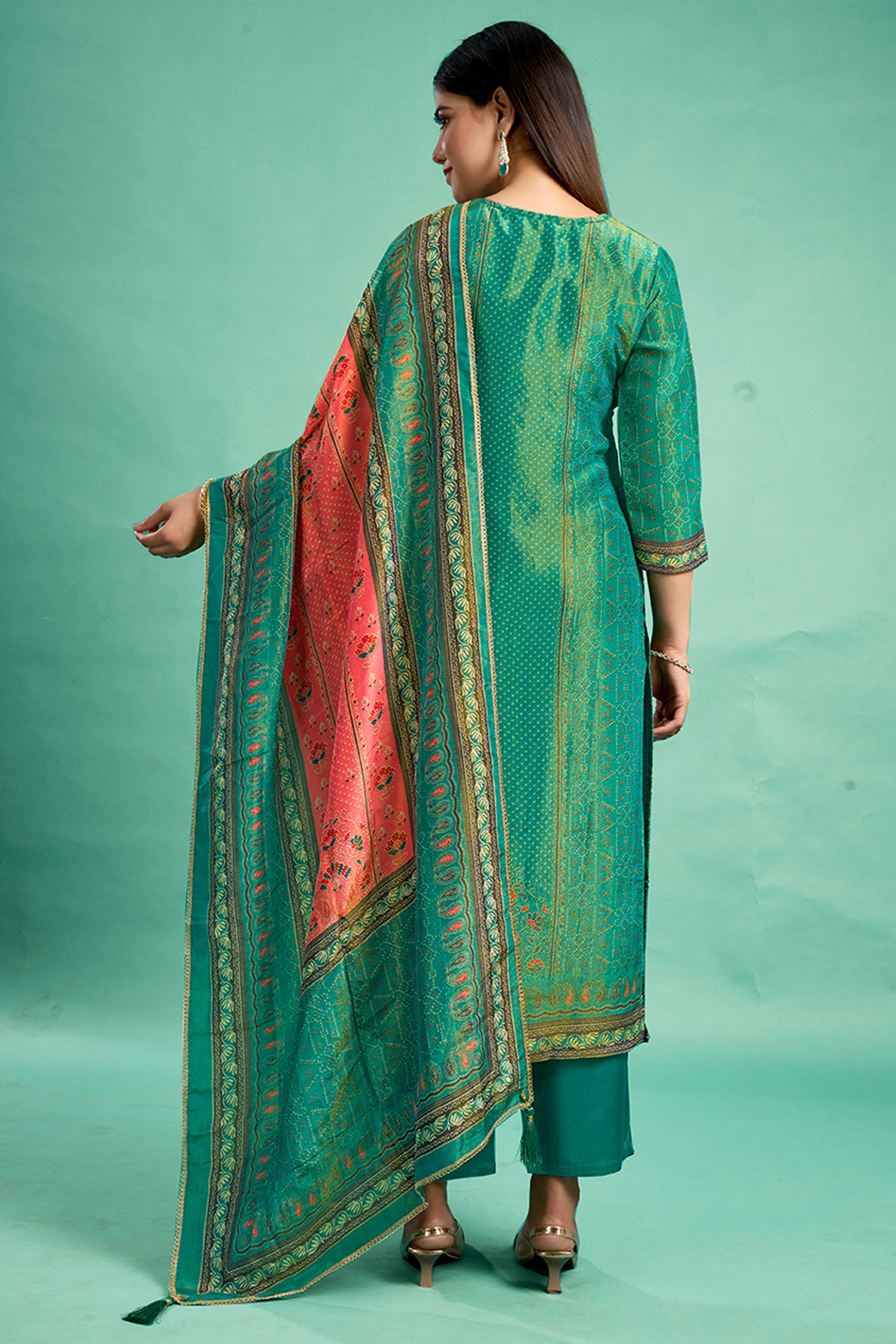 Bottle Green Bandhani Printed With Embroidery Work Pure Viscose Salwar Suit