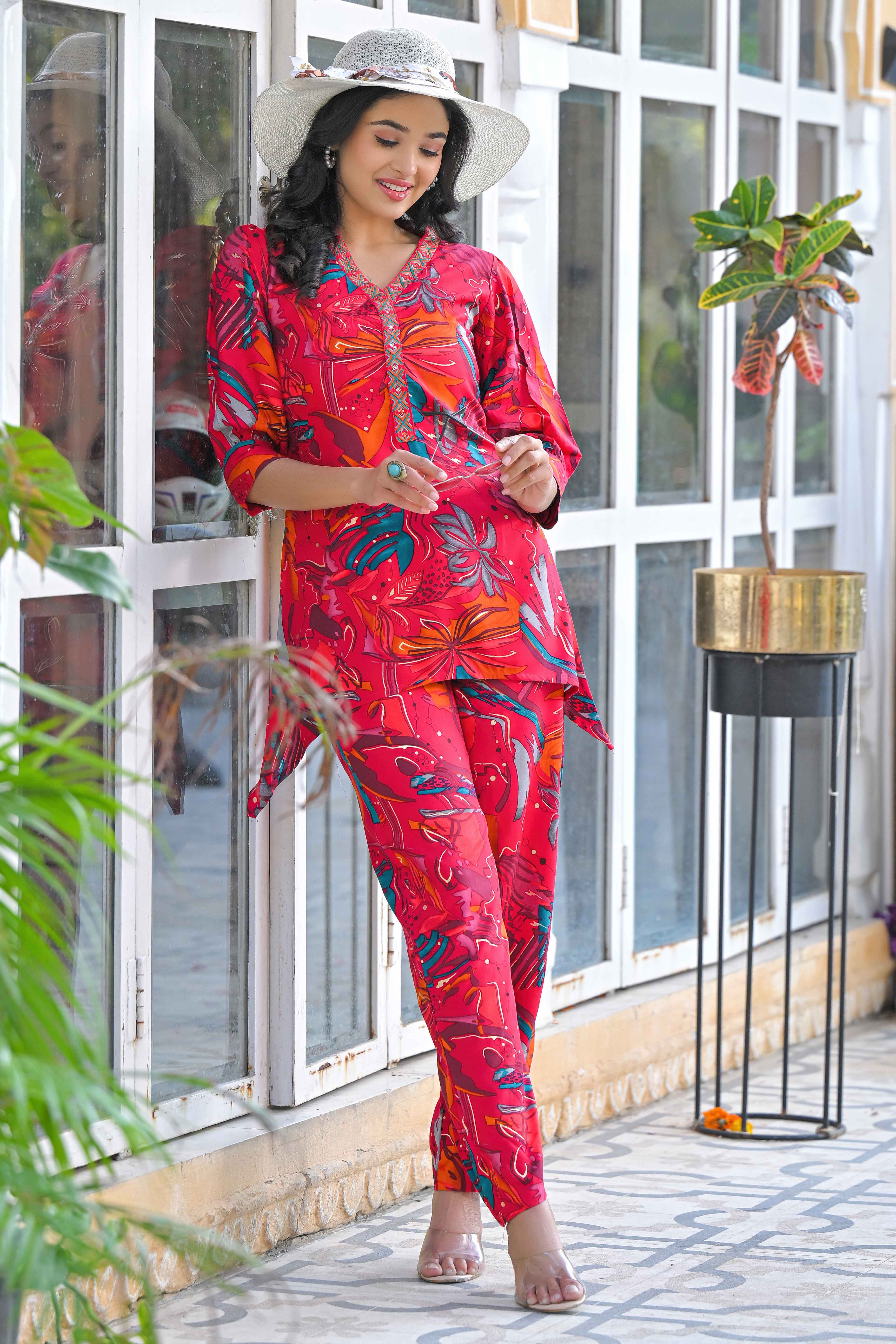 Pink Floral Printed Rayon A-Line Co-Ord Set