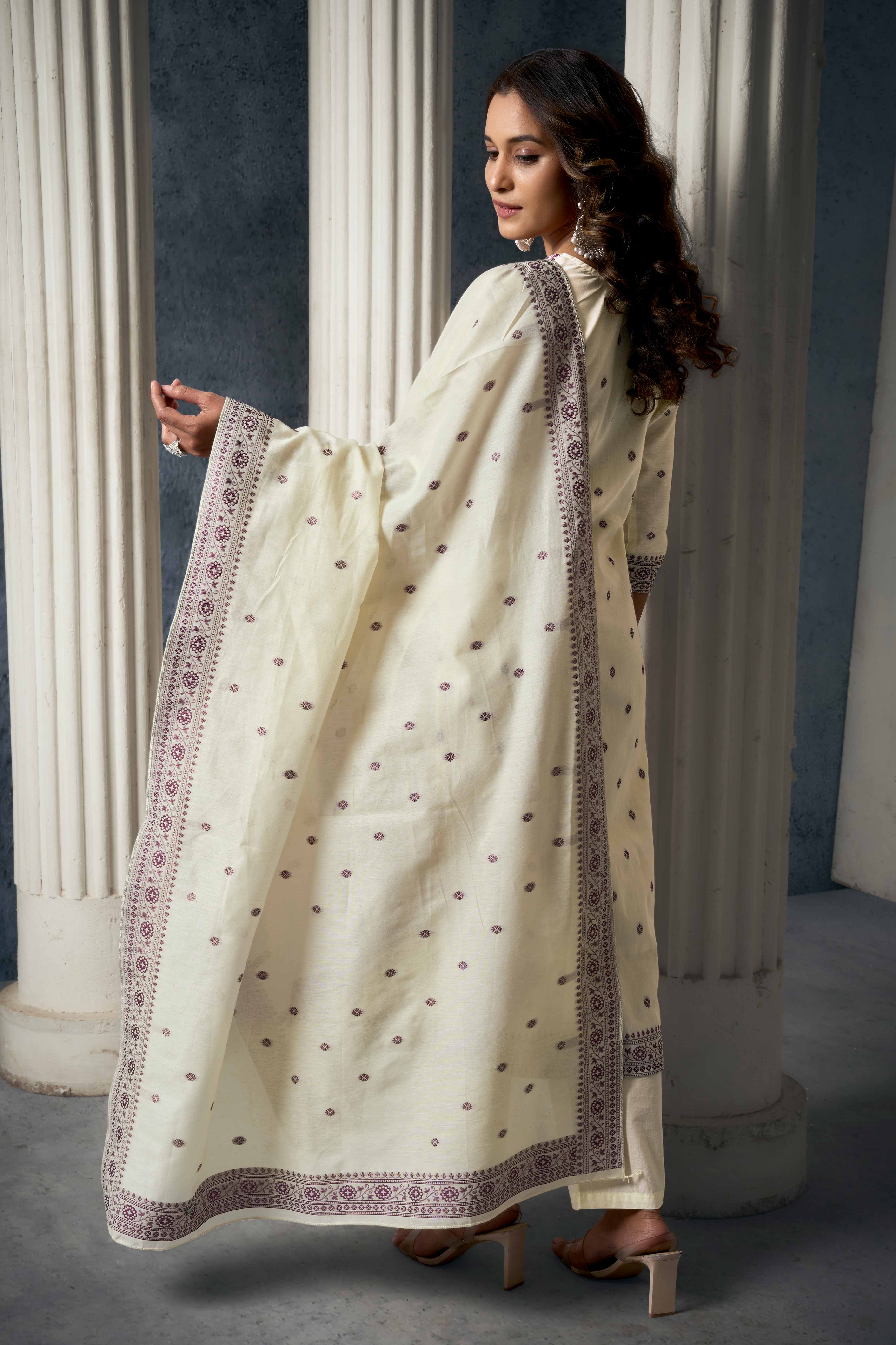 Off White & Wine Jacquard Weaving Pure Cotton Straight Salwar Suit