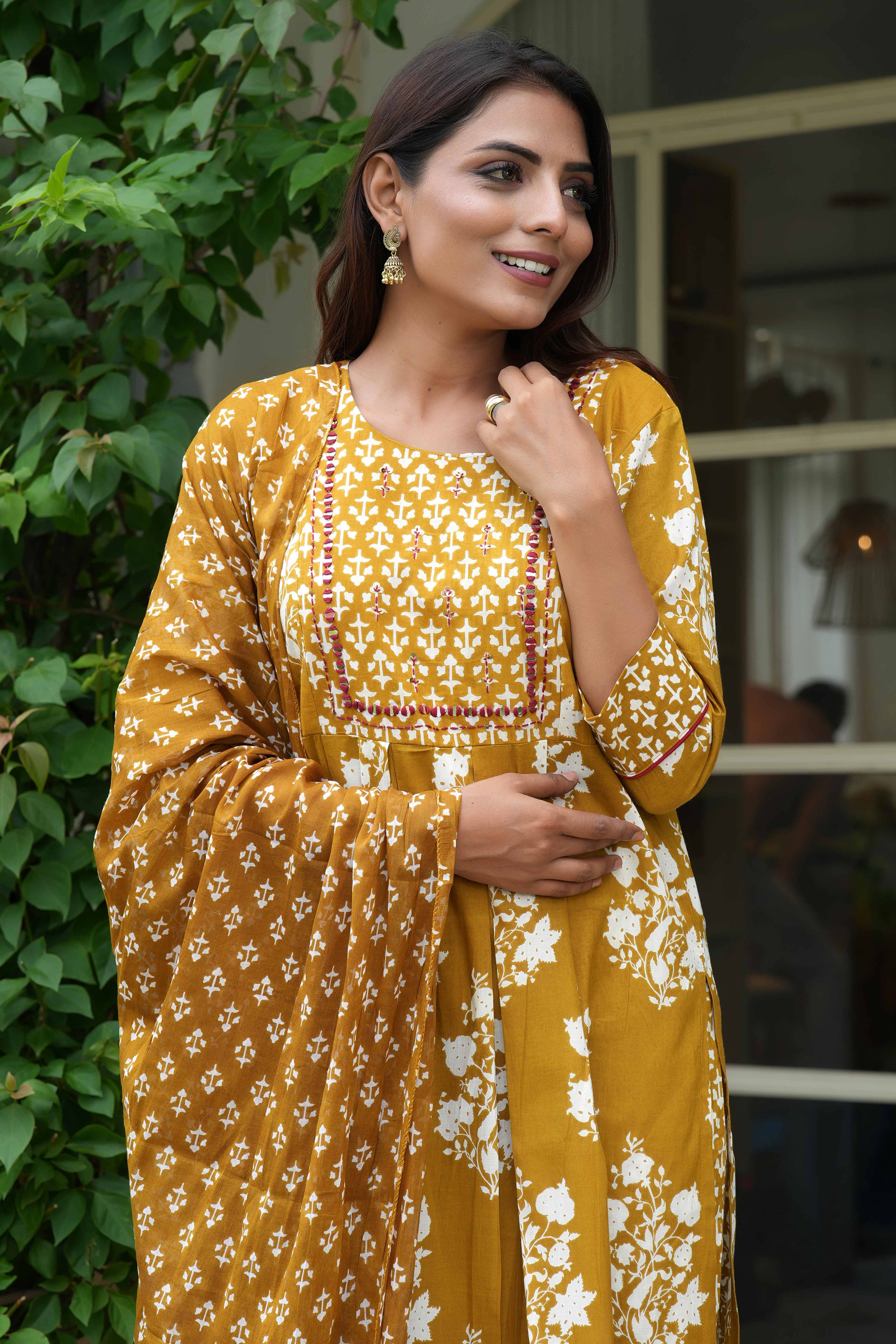 Radiant Mustard A Line Suit Adorned with Mirror & Sequin Embroidery Elegance