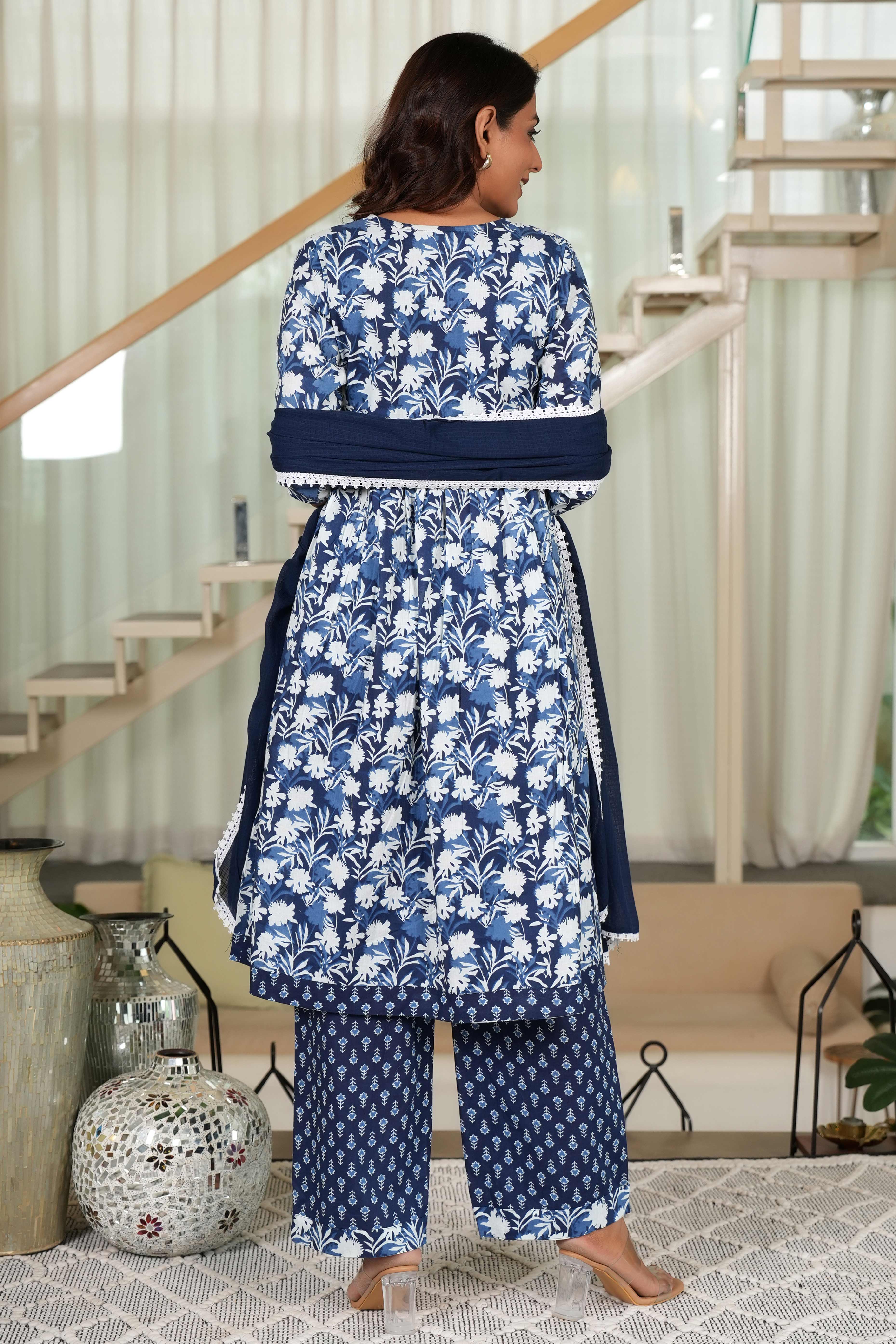 Dark Blue Anarkali Salwar Suit Featuring Floral Prints on Pure Cotton