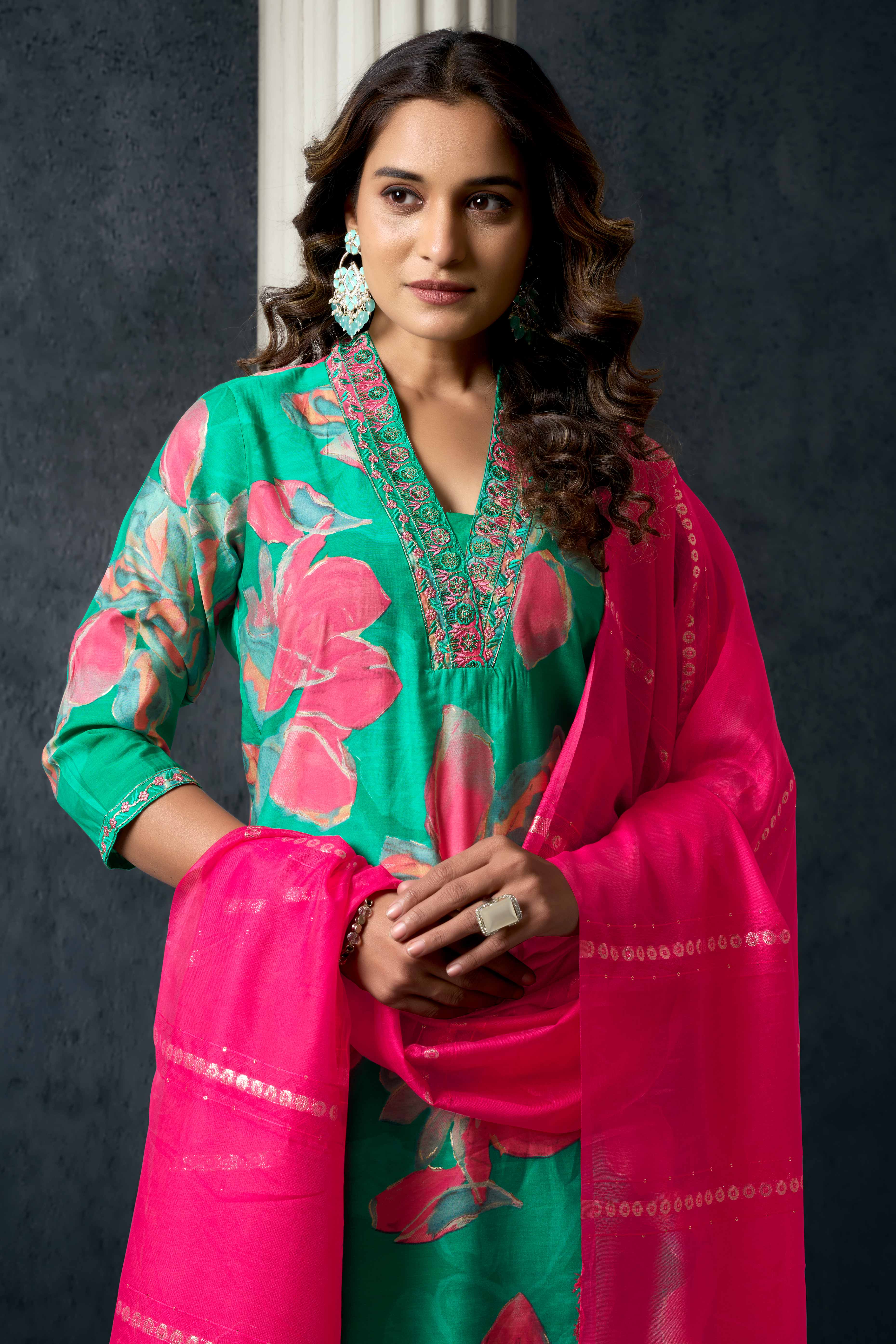 Sea Green Floral Printed Cotton Silk Straight Salwar Suit