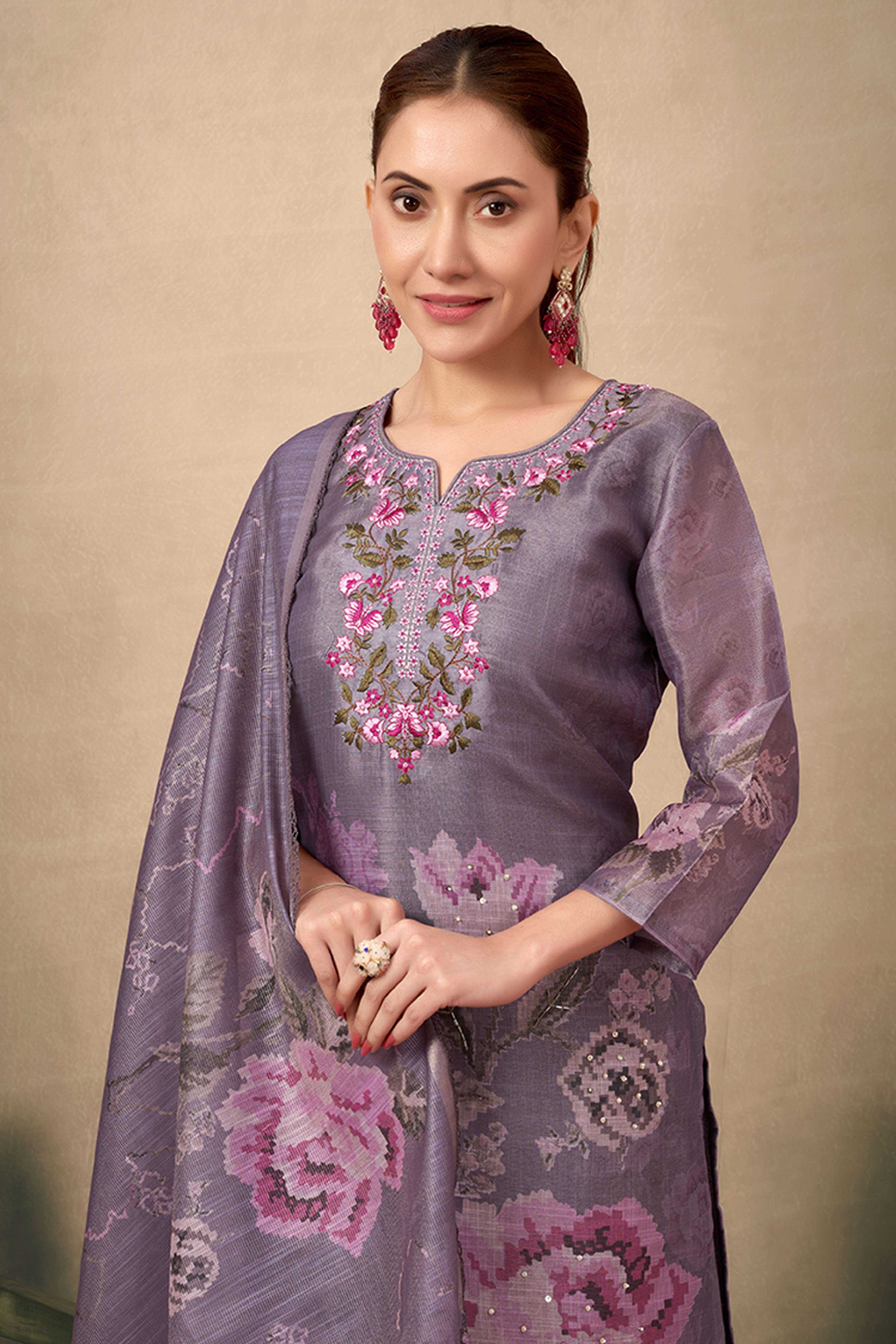 Mauve Floral Printed and Embroidered Straight Suit in Rich Textured Jacquard Fabric