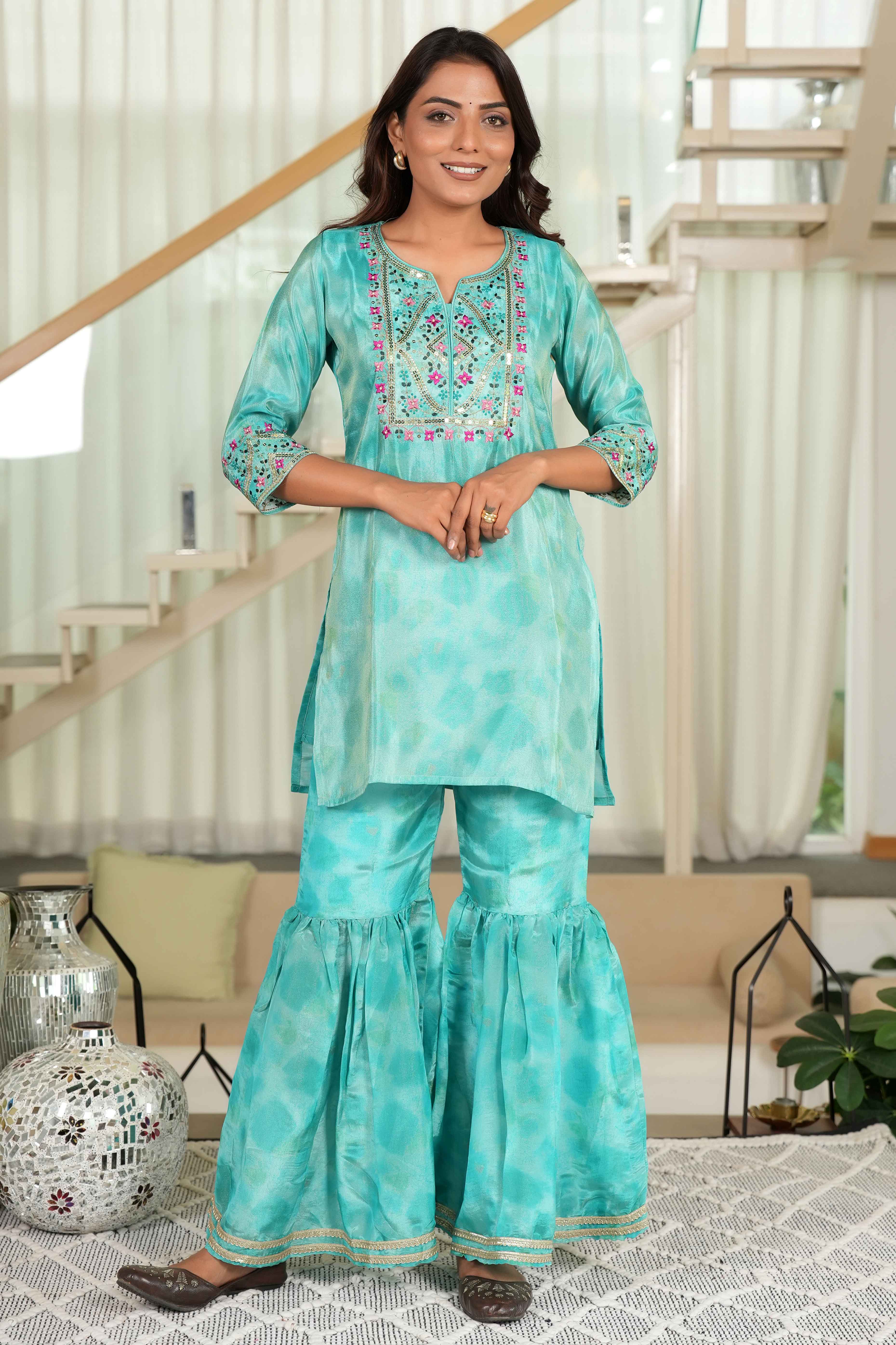 Turquoise Embroidered Organza Sharara Set with Delicate Floral Sequins