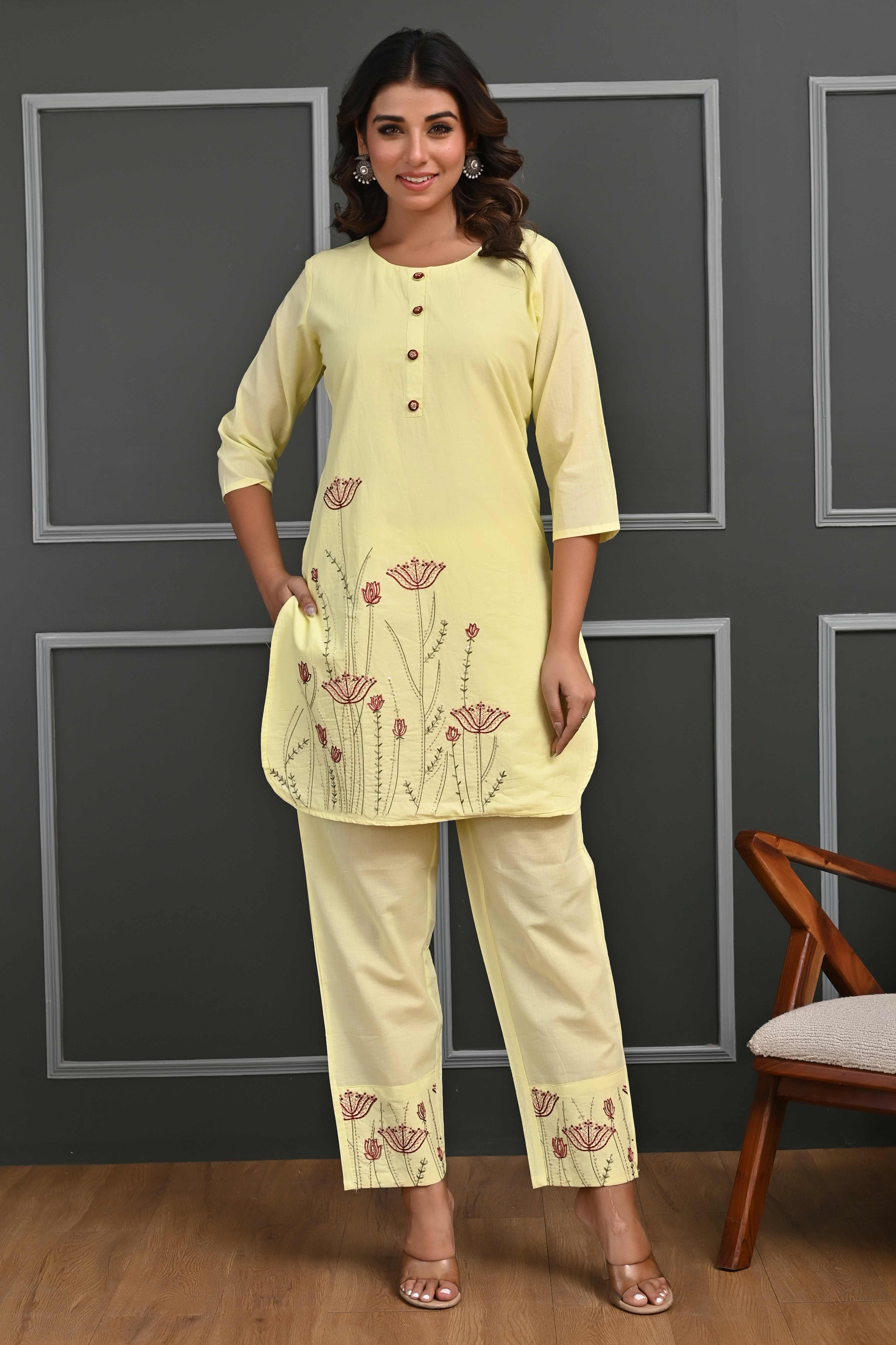 Radiant Yellow Floral Embroidered Co-Ord Set in Breathable Cotton for Stylish Comfort