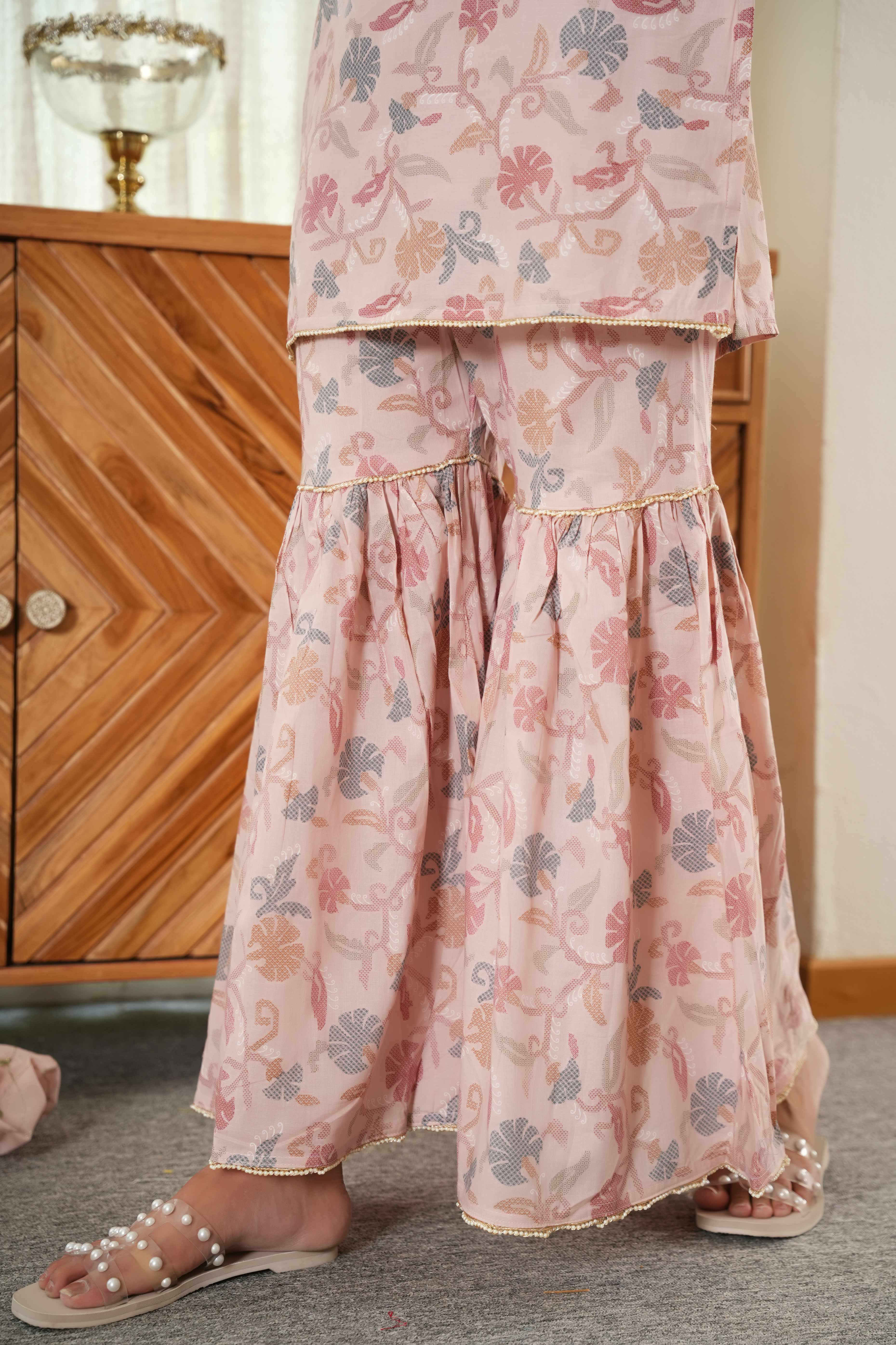 Elegant Baby Pink Floral Printed Pure Cotton Sharara Suit for Festive Charm
