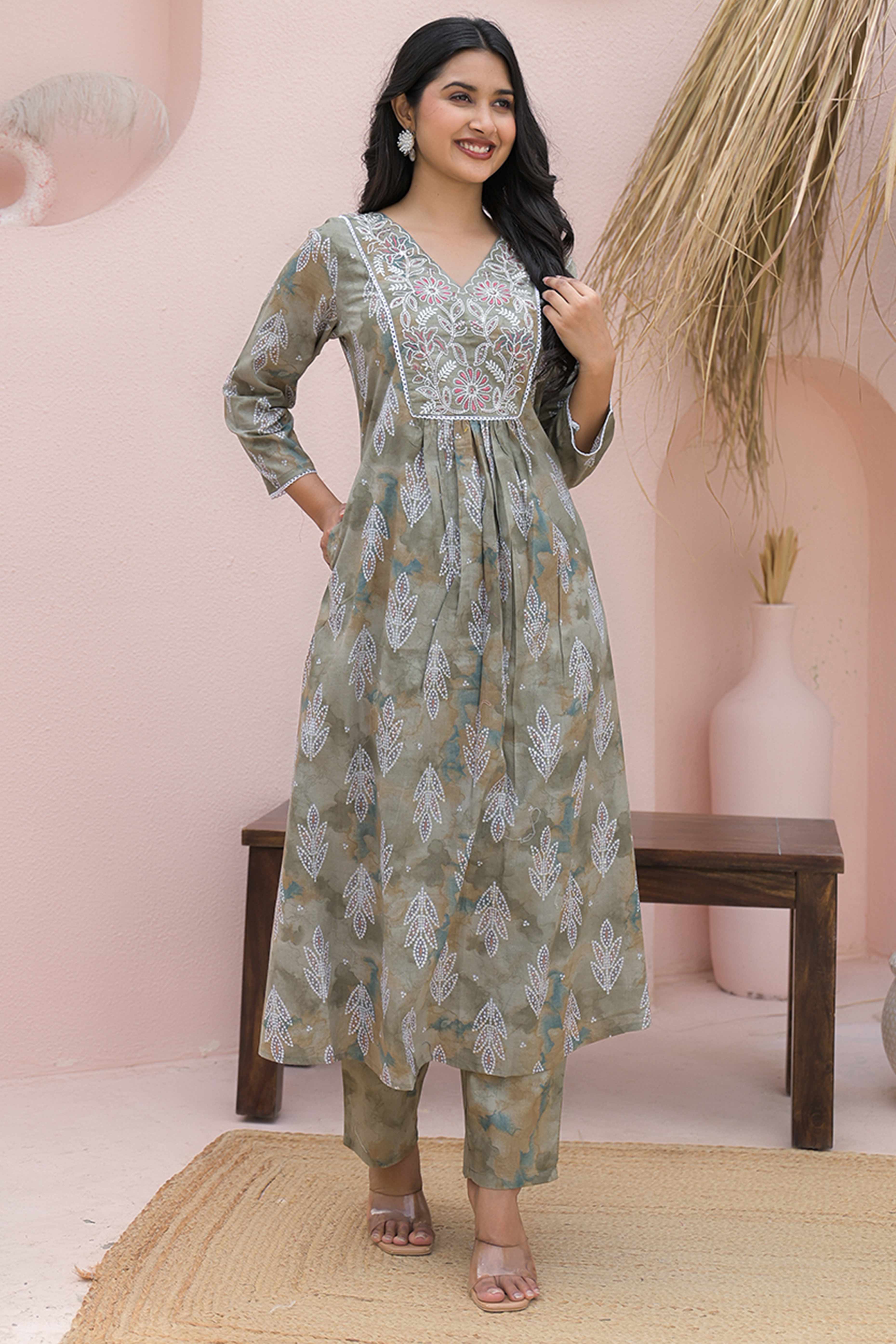 Olive Printed and Embroidered Pure Cotton Salwar Suit in Flattering A-Line Cut