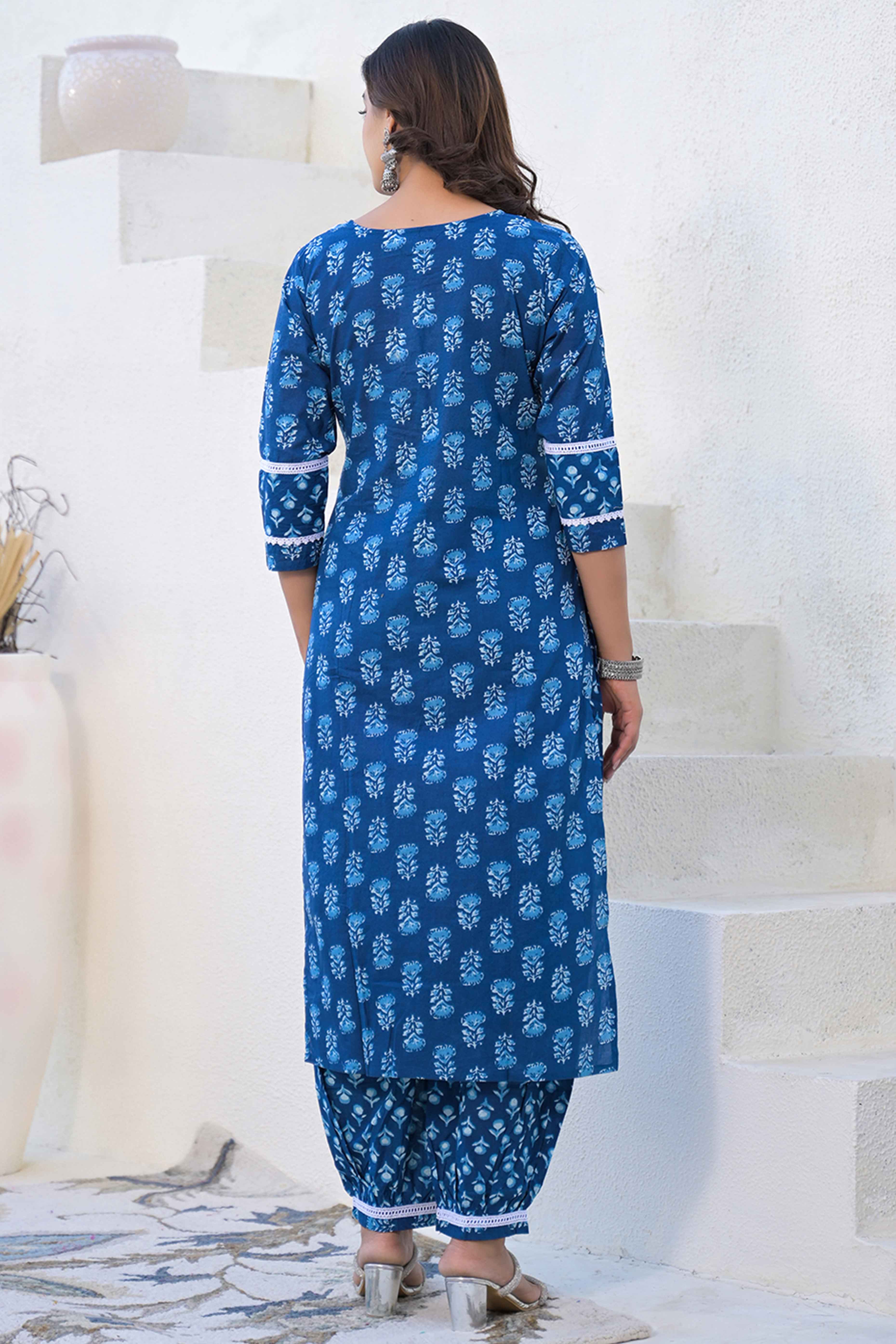 Navy Blue Floral Printed Cotton Suit With Straight Cut Design