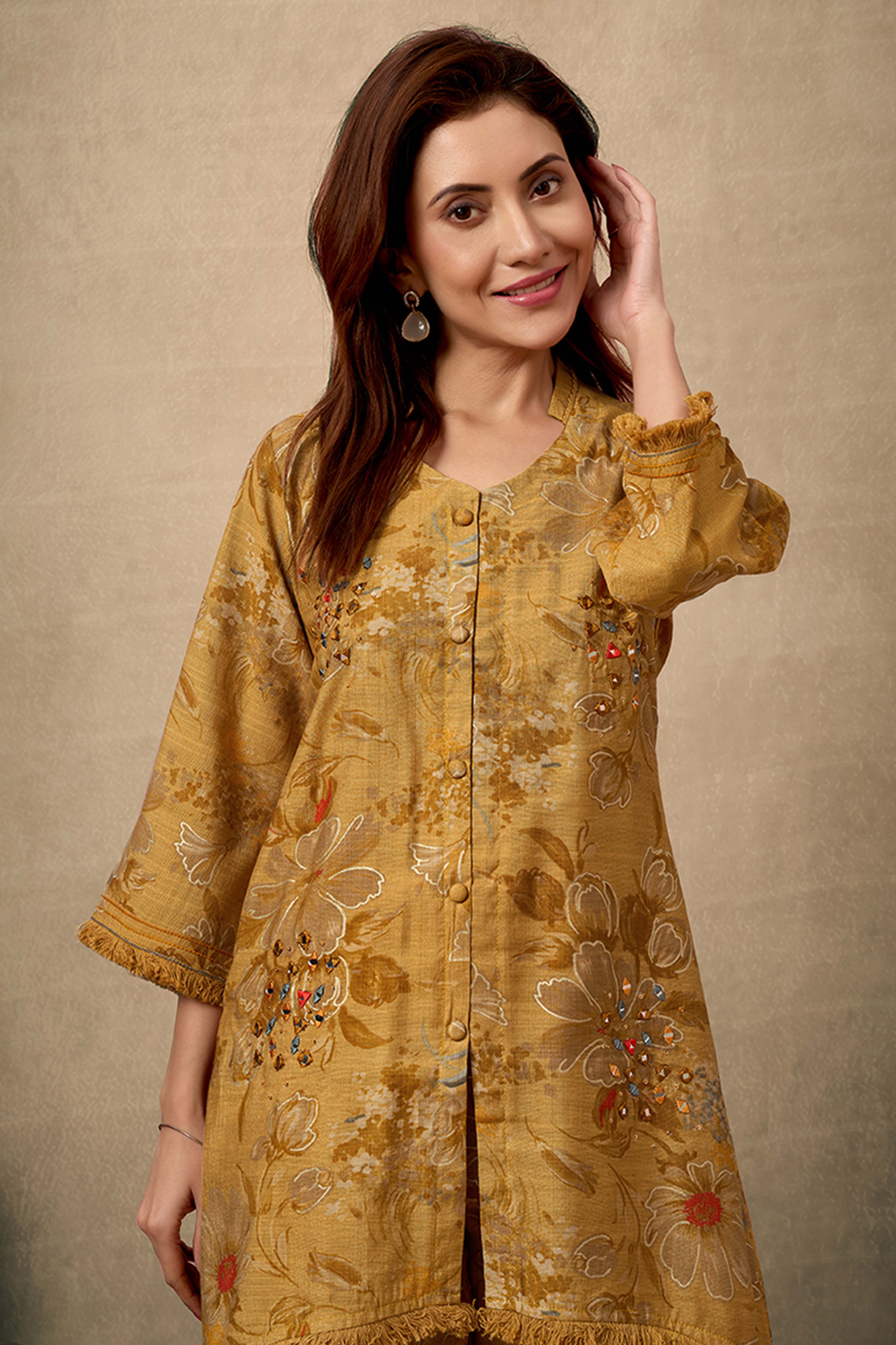 Mustard Pure Cotton Floral Co-Ord Set with Handcrafted Mirror Work