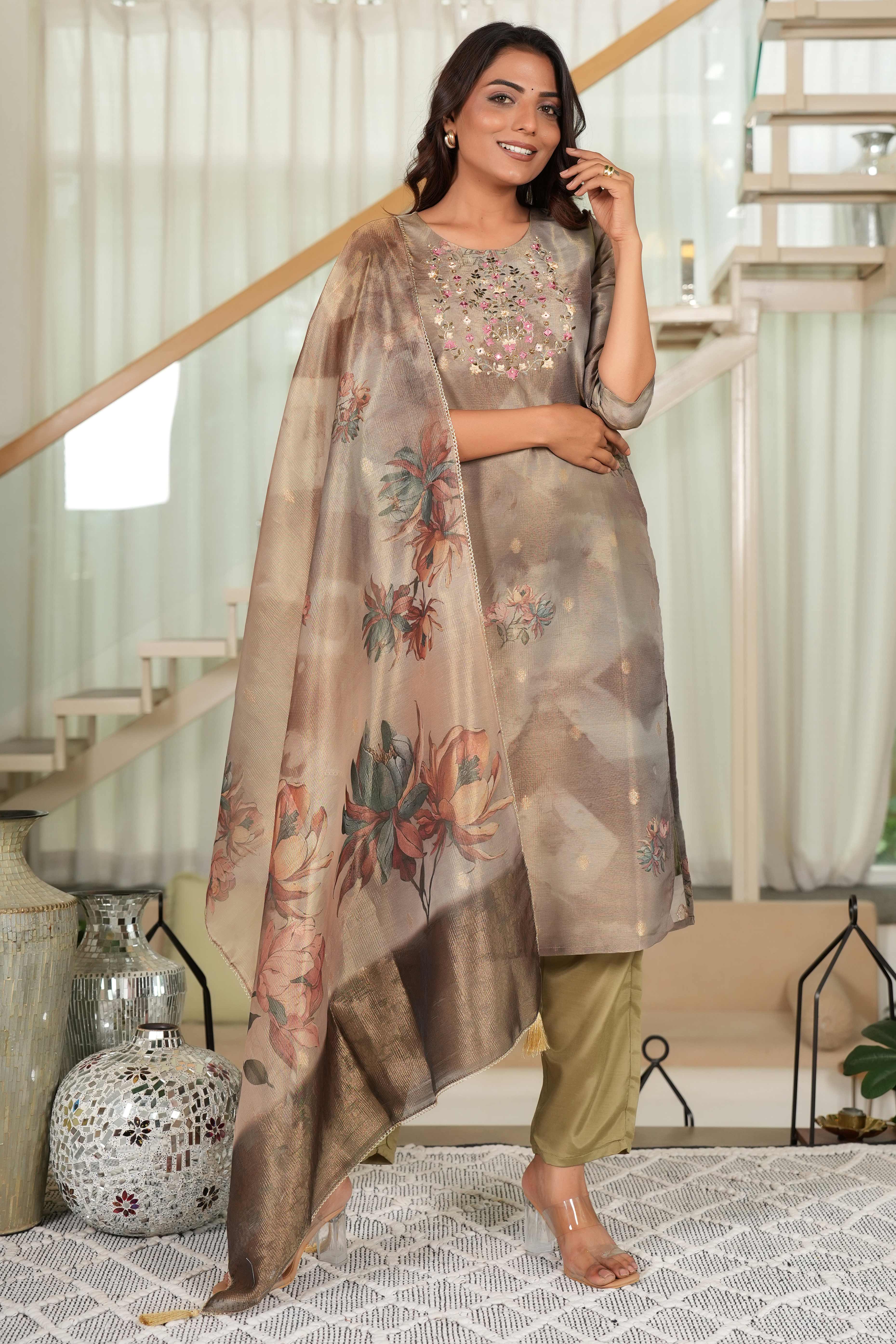 Dark Olive Shimmer Chanderi Silk Suit with Floral Digital Work & Subtle Hand Embroidery