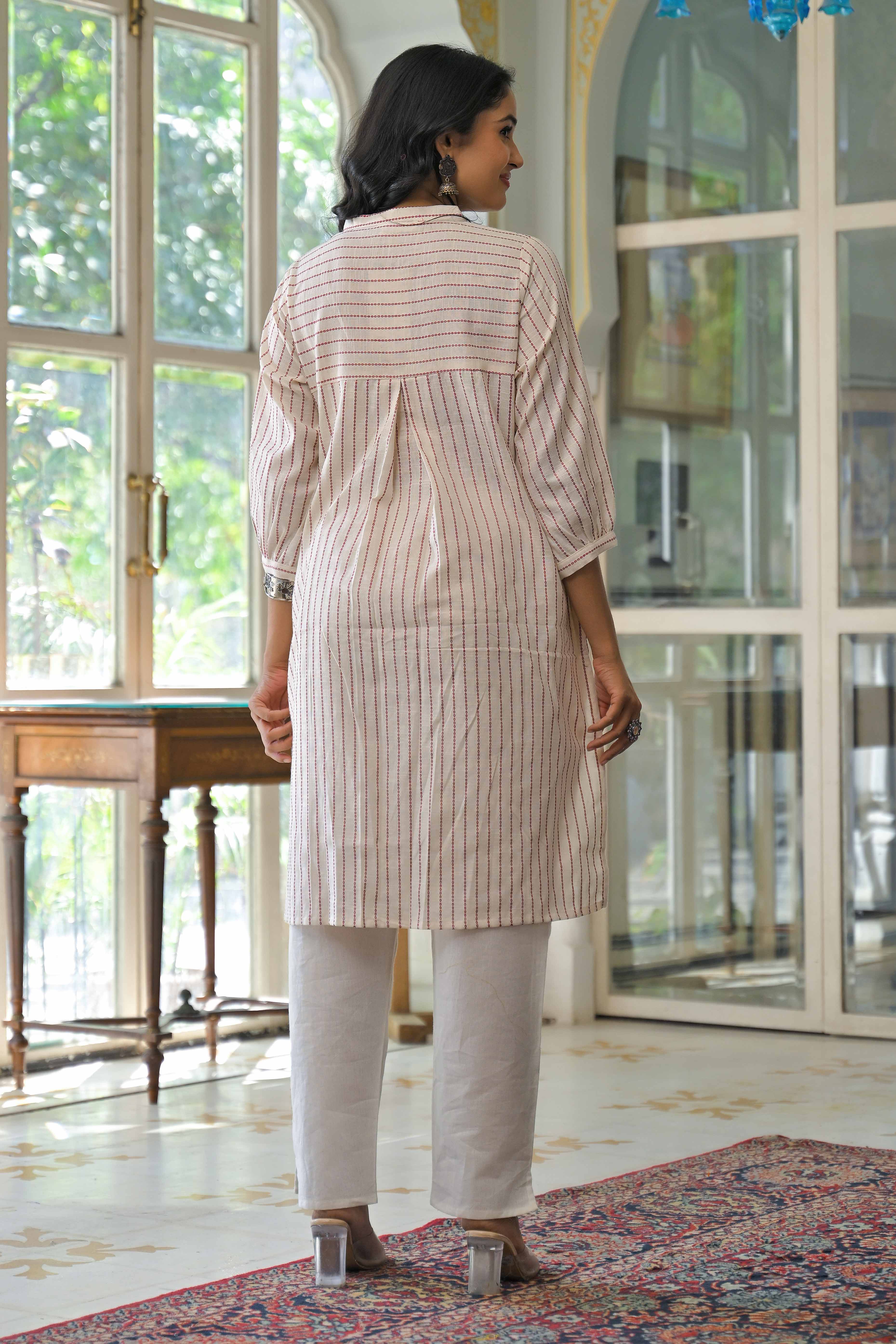 Offwhite Woven Pure Cotton Front Slit Kurti