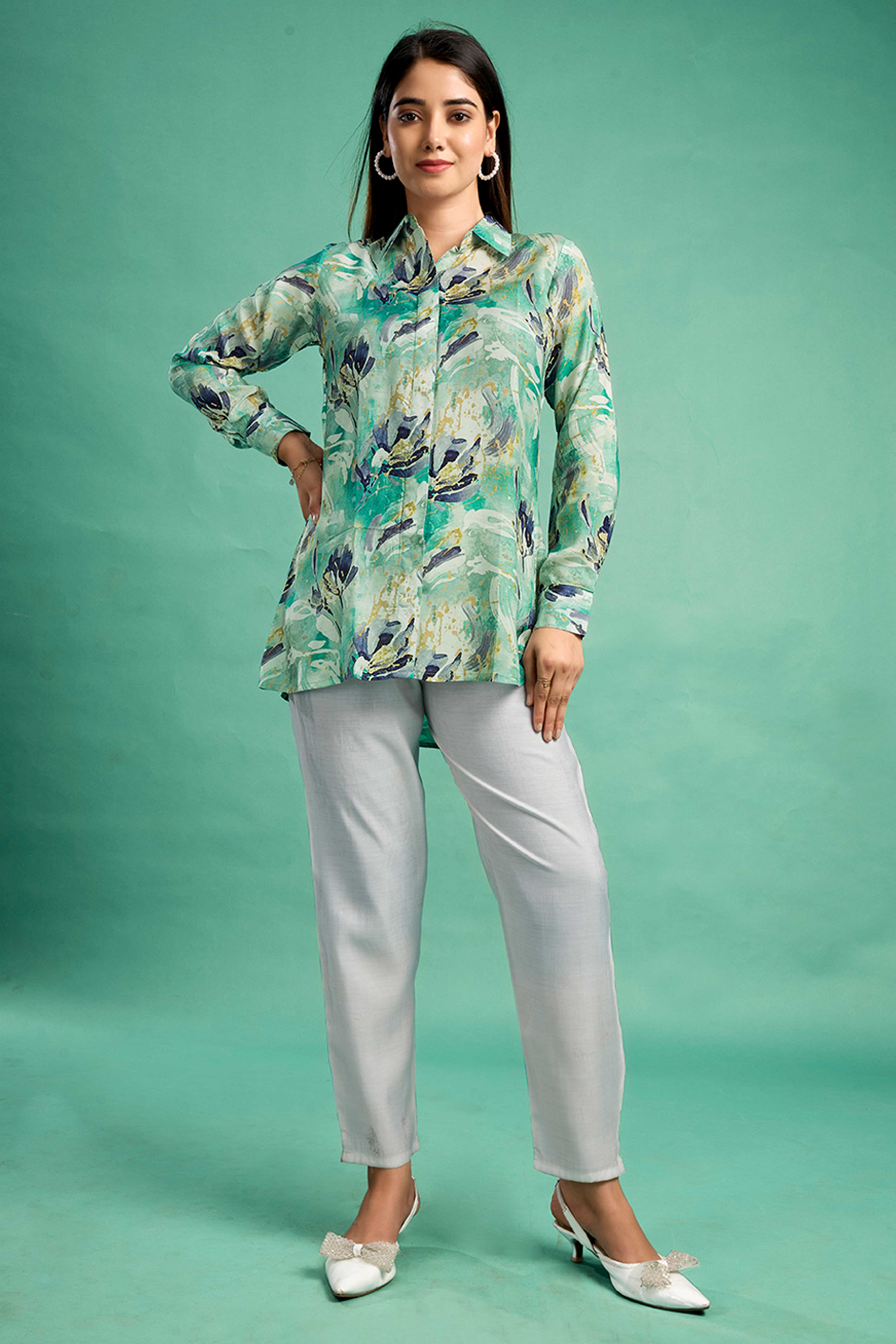 Sea Green Floral Printed Muslin Straight Top