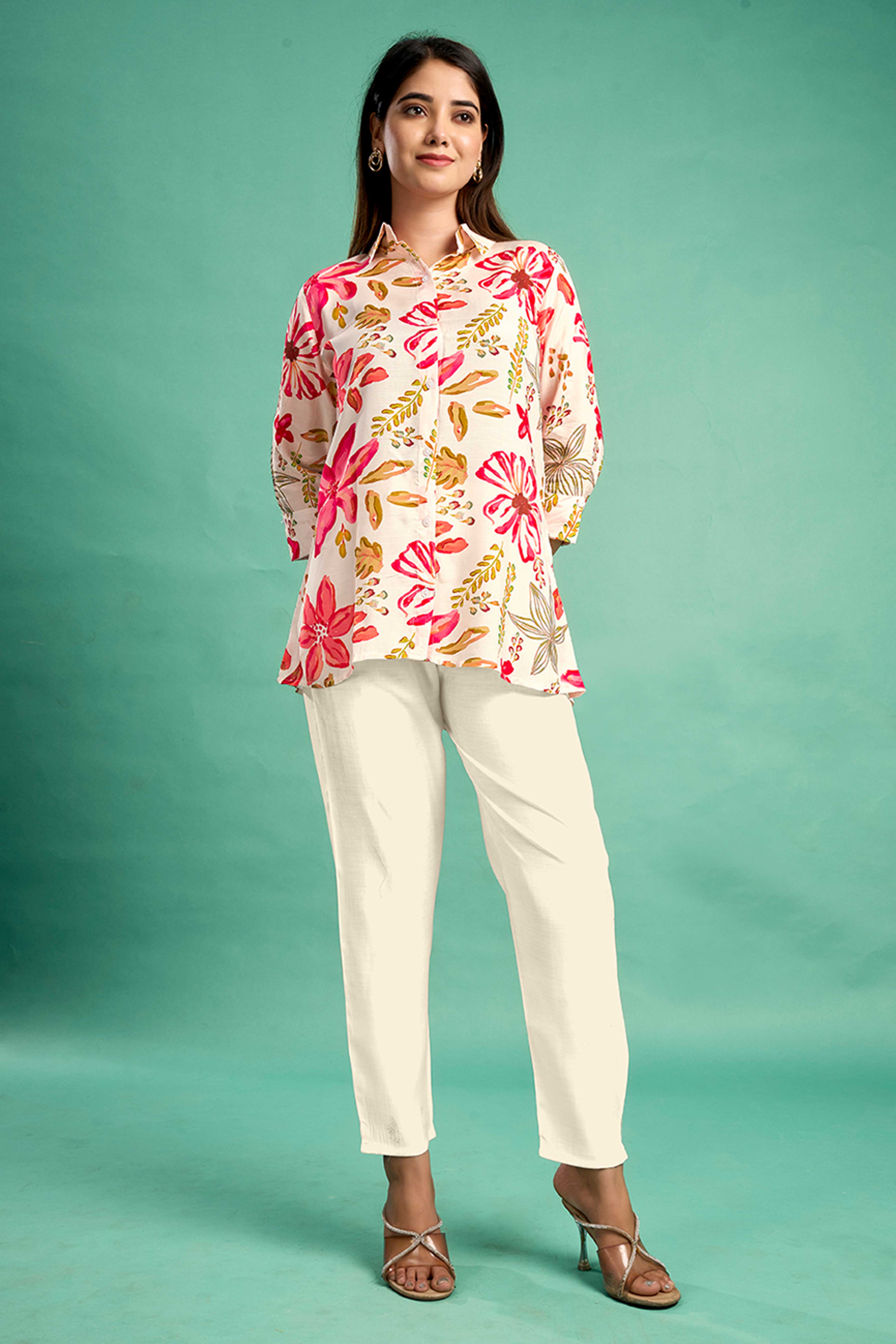 Cream & Pink Floral Printed Muslin Straight Top