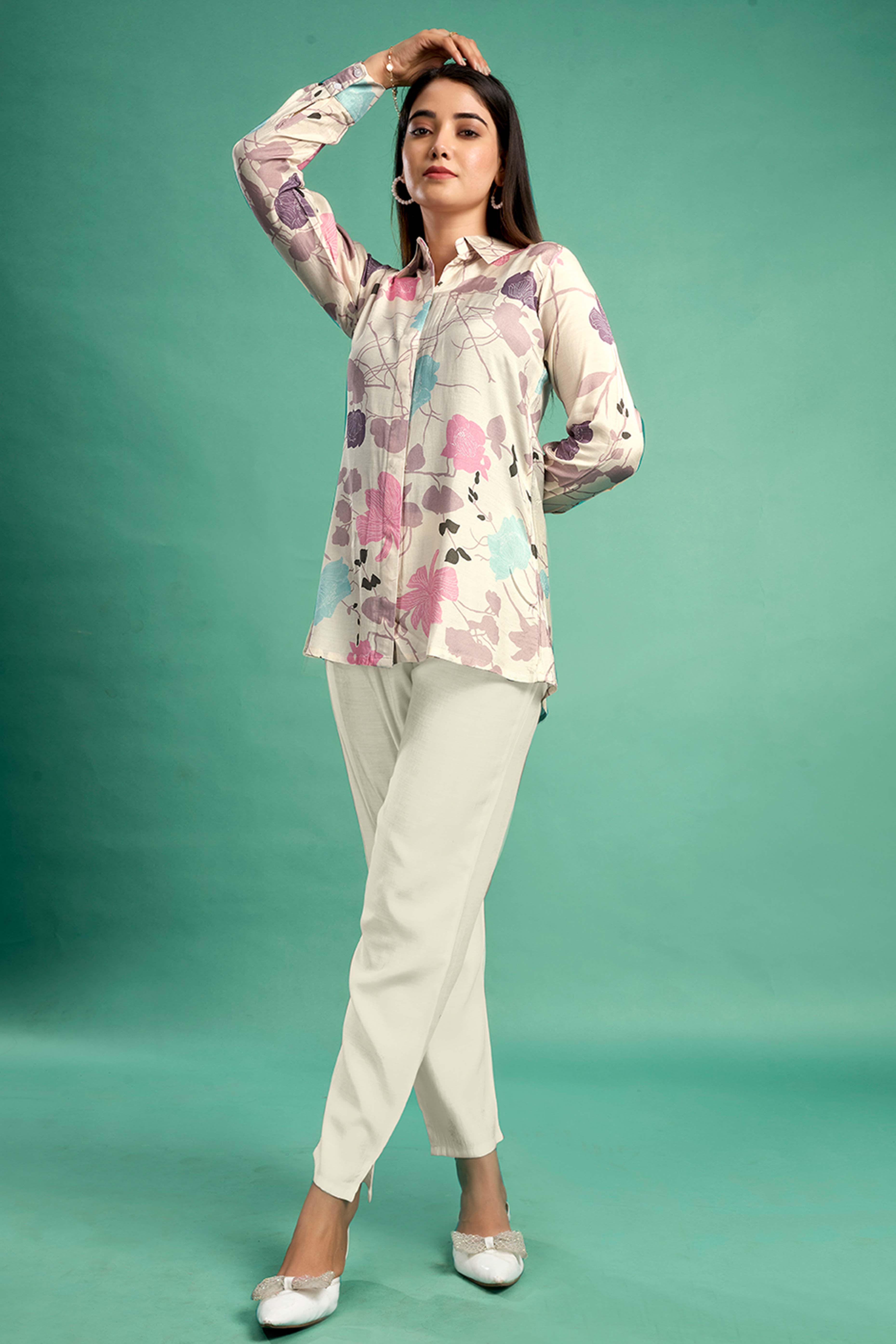Cream Floral Printed Muslin Straight Top