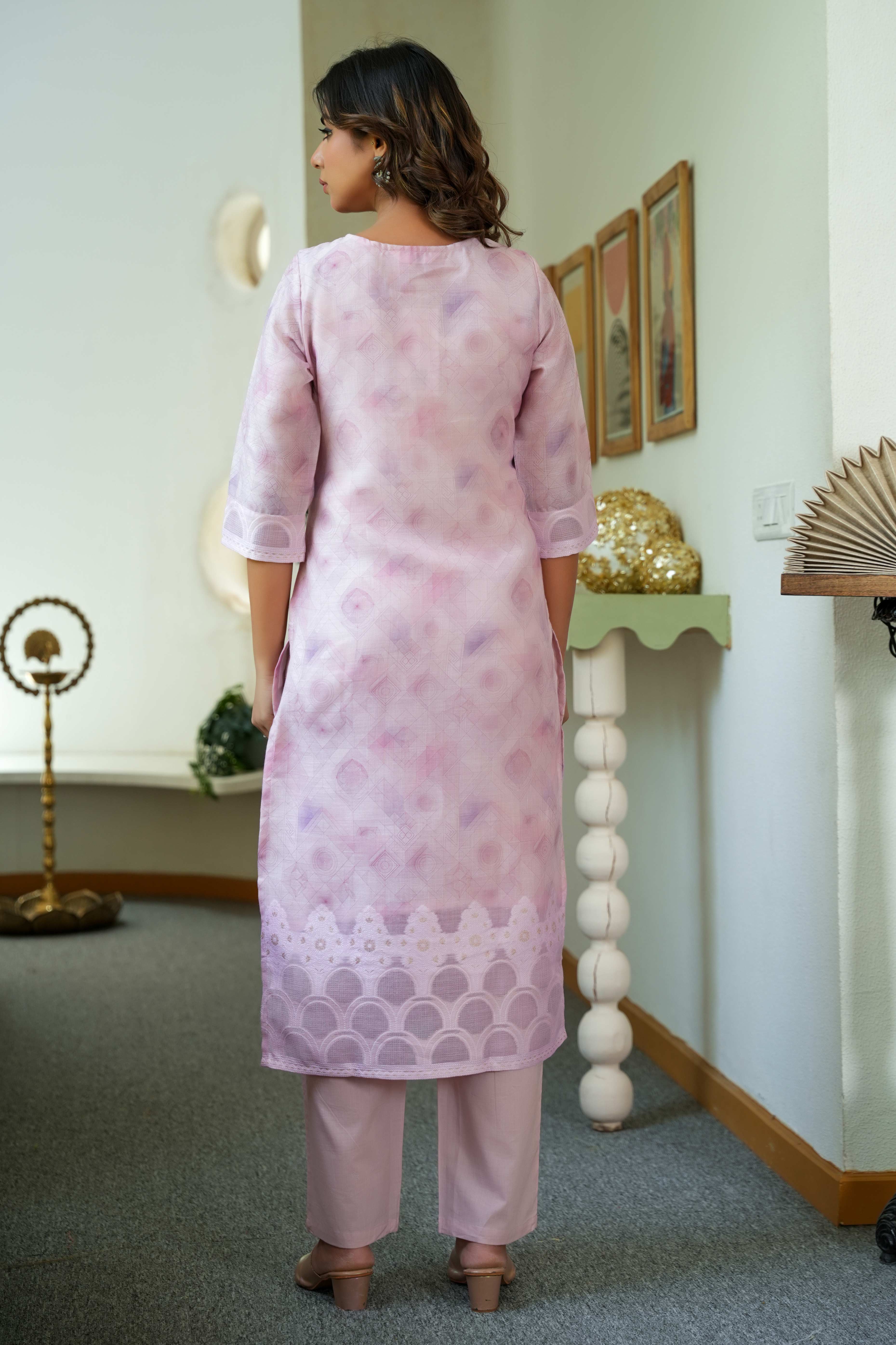 Sophisticated Onion Pink Linen Jacquard Suit Adorned with Floral Embroidered Patterns