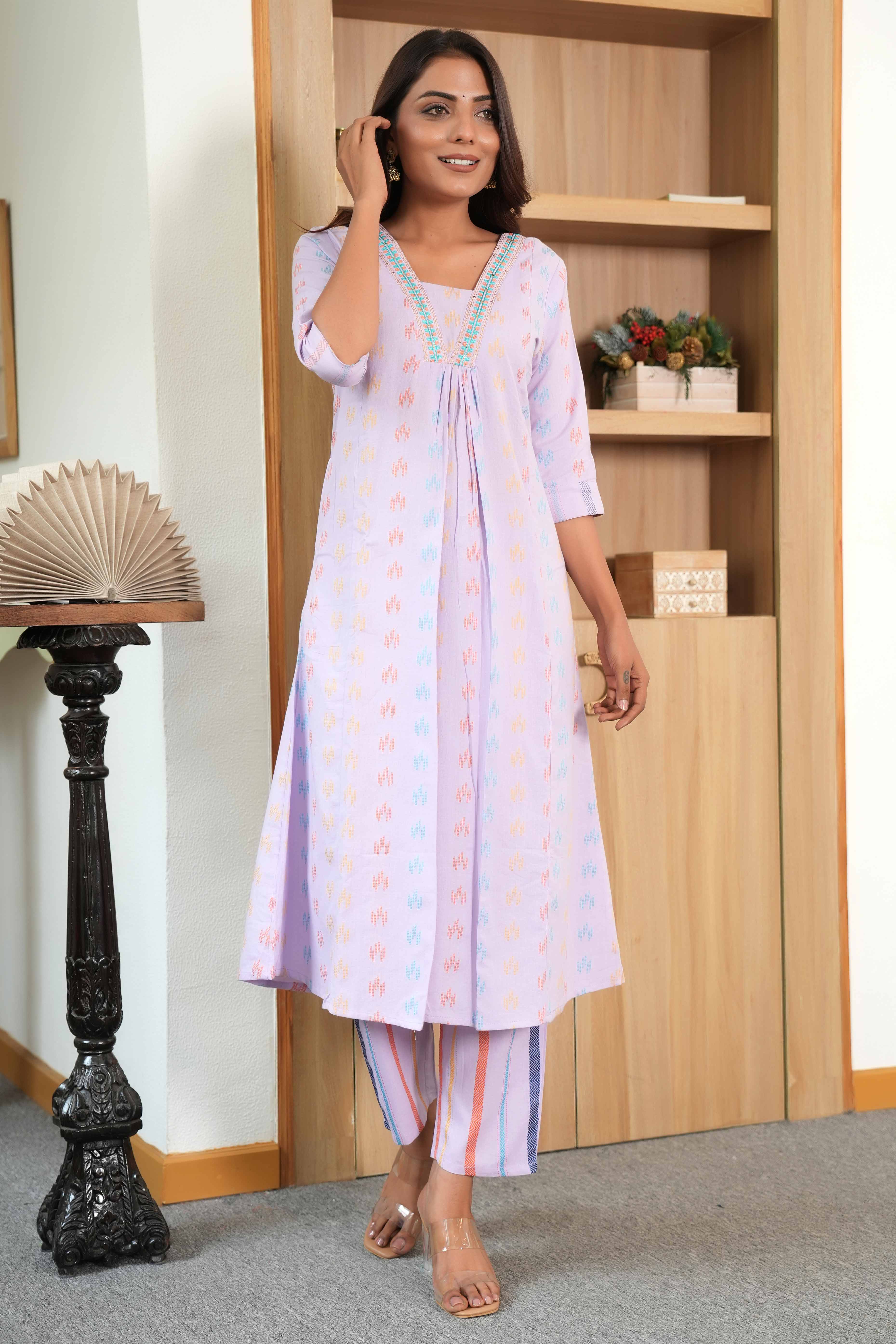 Lavender Textured Weave Pure Cotton Kurta Set – A-Line Style